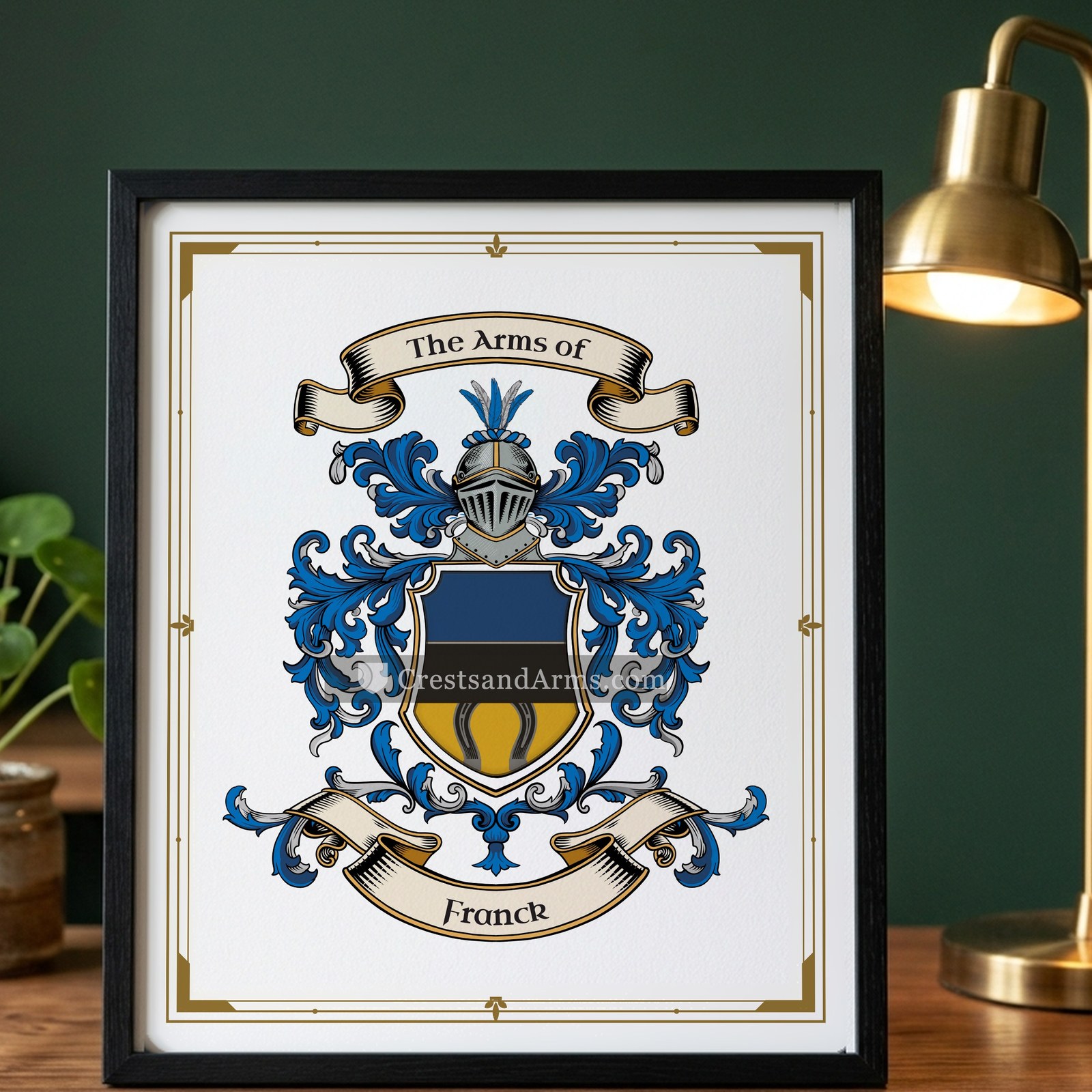 The Franck arms on the framed, black wood