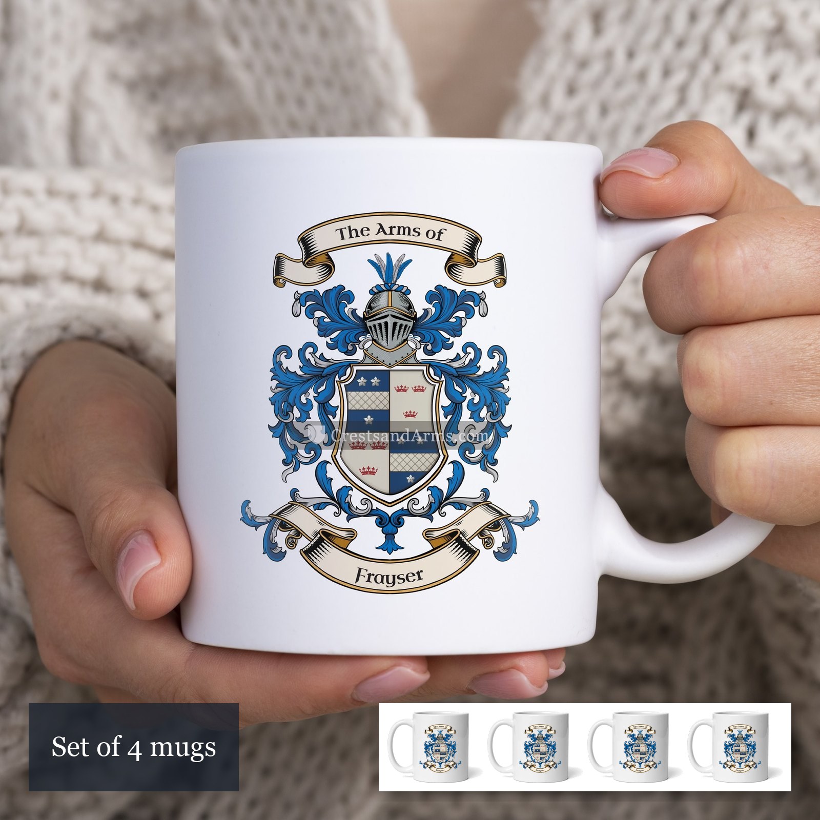 The Frayser arms on the set of 4 mugs