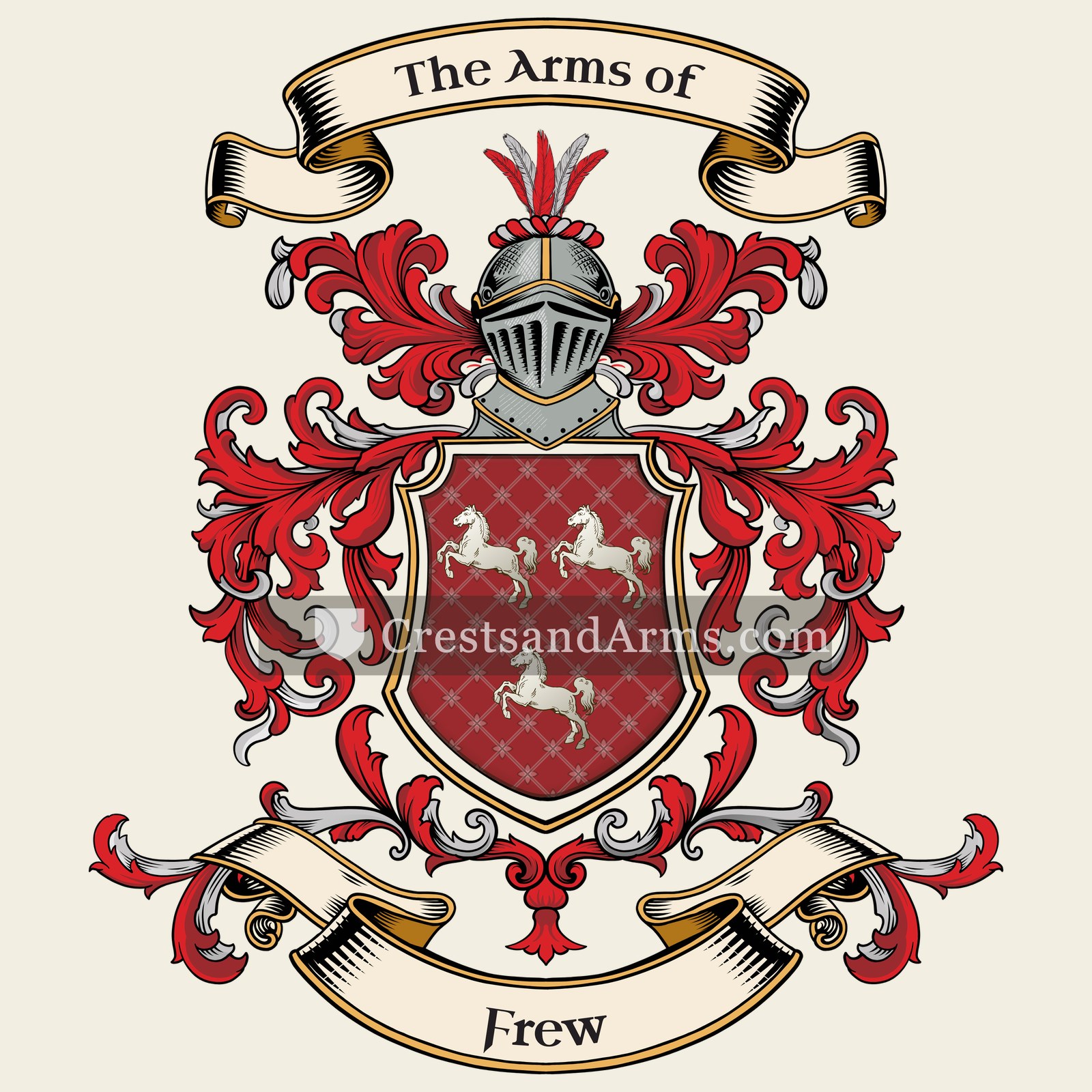 The Frew coat of arms, drawn from the recorded blazon