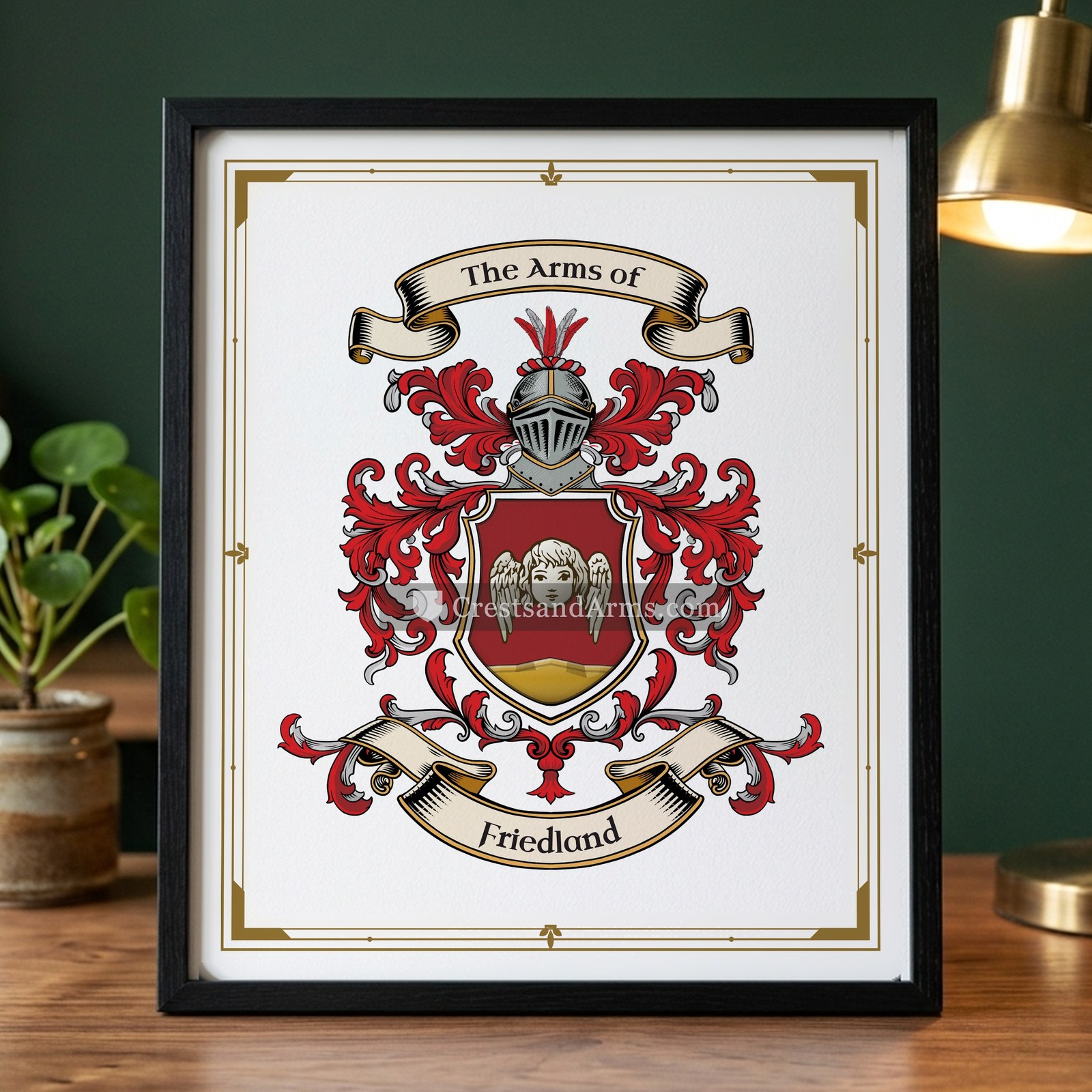 The Friedland arms on the framed, black wood