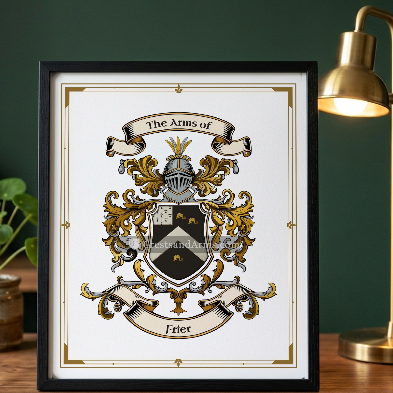 The Frier arms on the framed, black wood