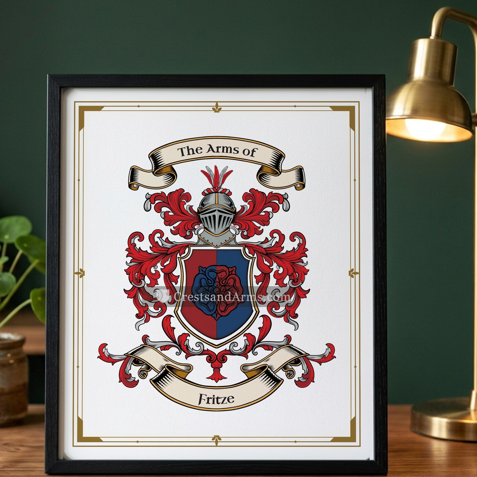 The Fritze arms on the framed, black wood