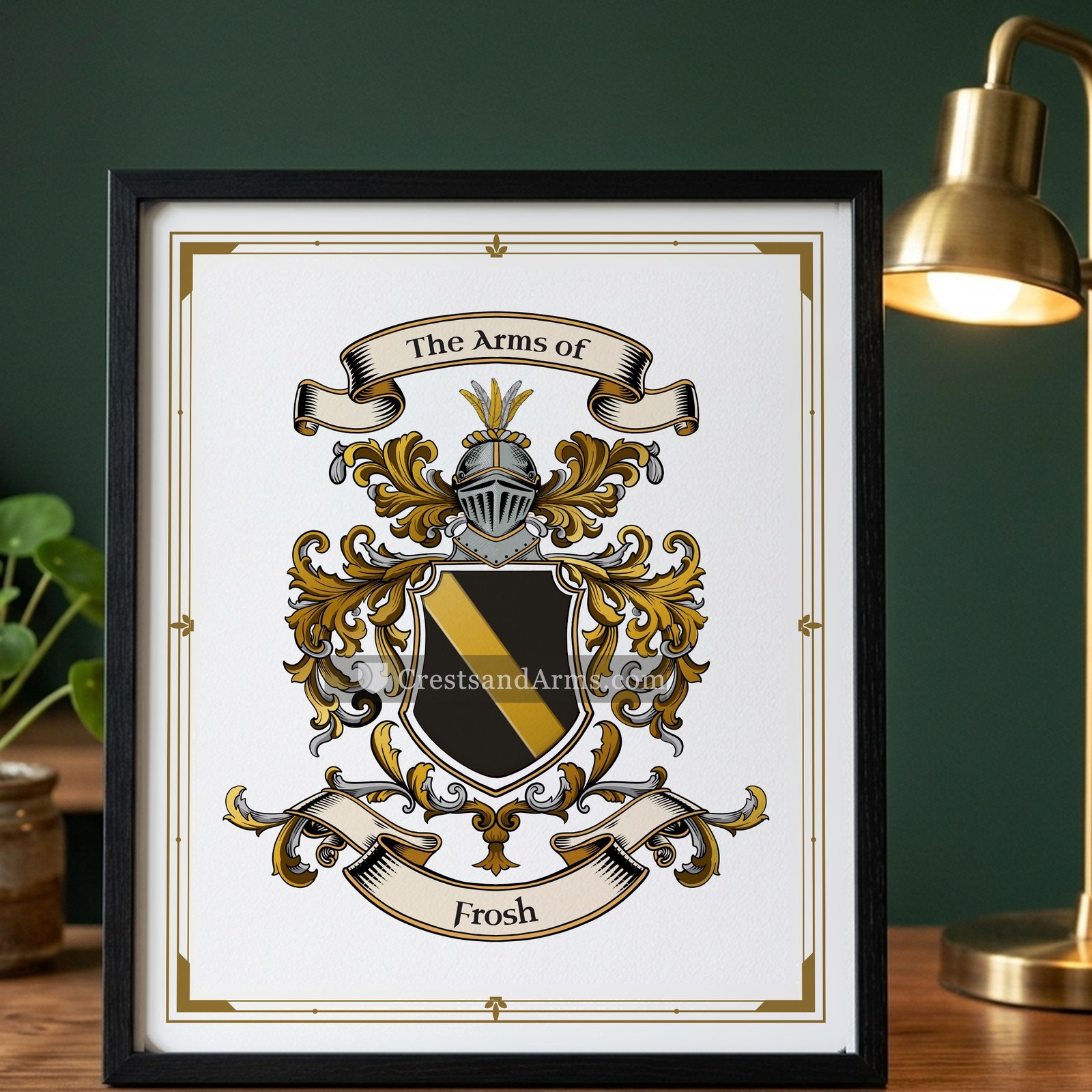 The Frosh arms on the framed, black wood