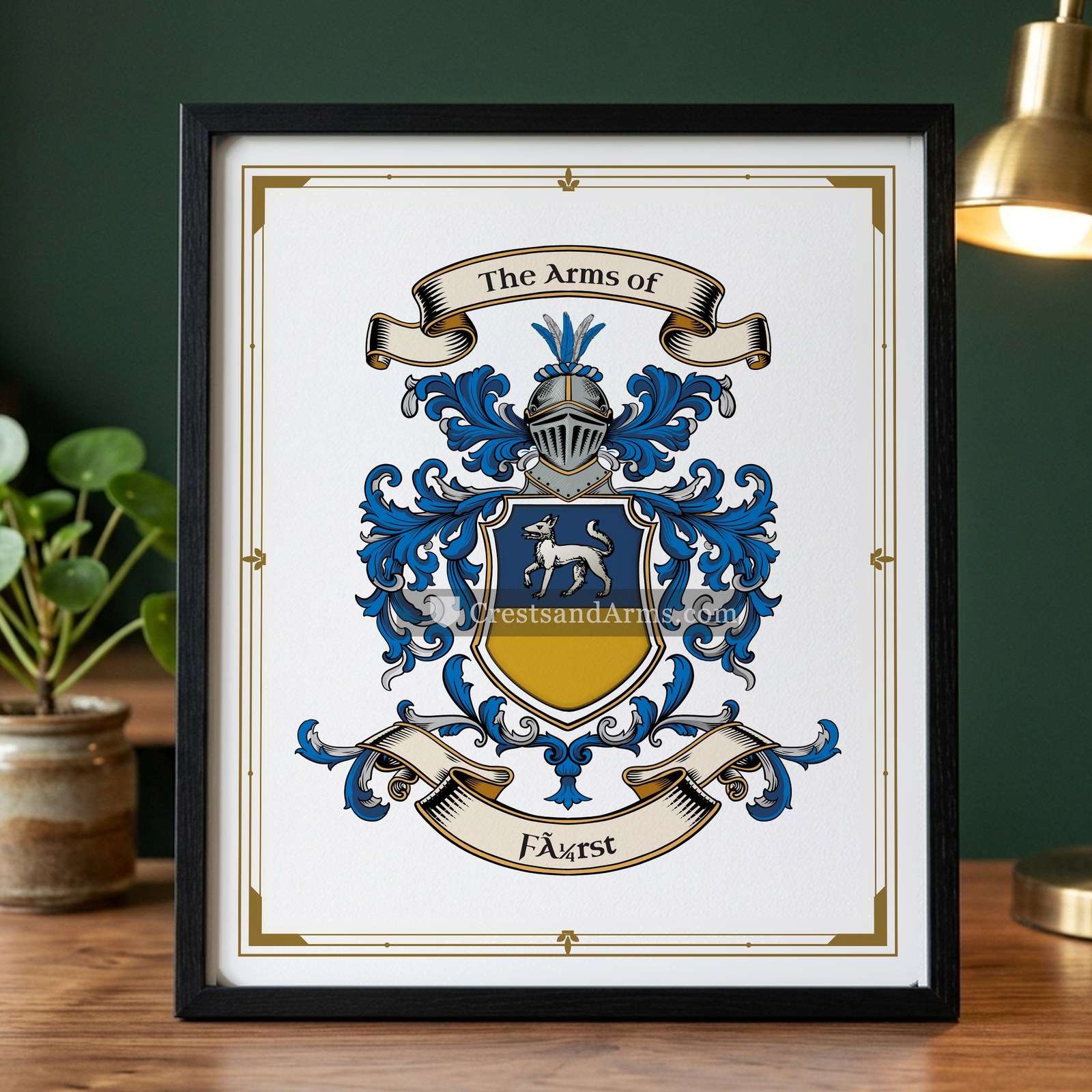 The Fürst arms on the framed, black wood