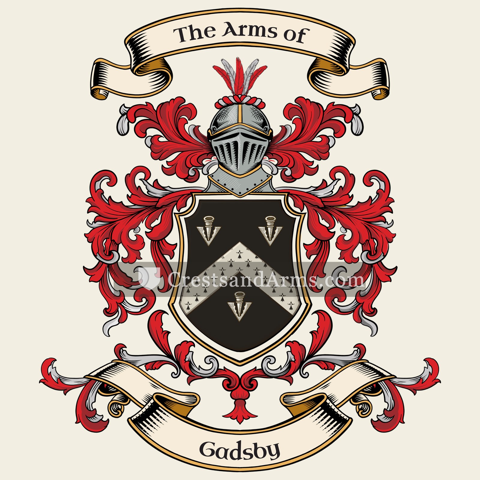 The Gadsby coat of arms, drawn from the recorded blazon