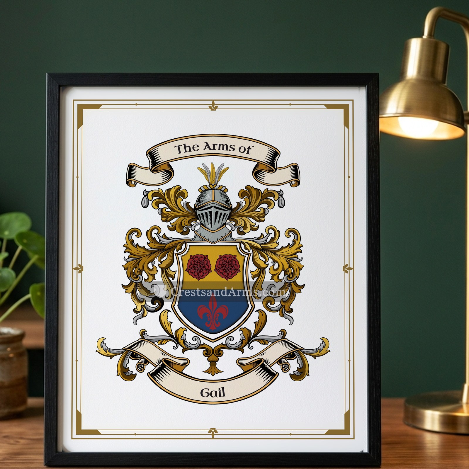 The Gail arms on the framed, black wood