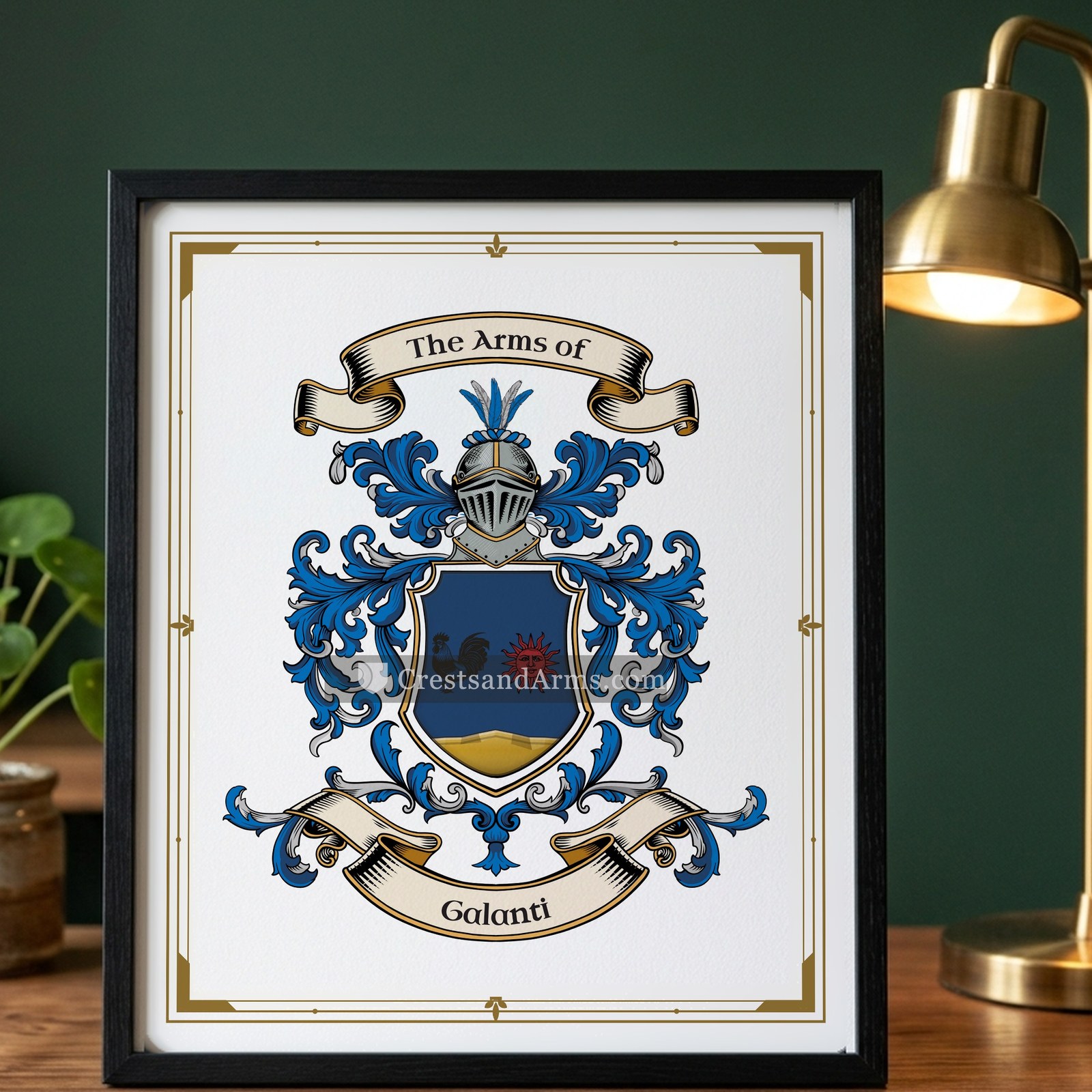 The Galanti arms on the framed, black wood