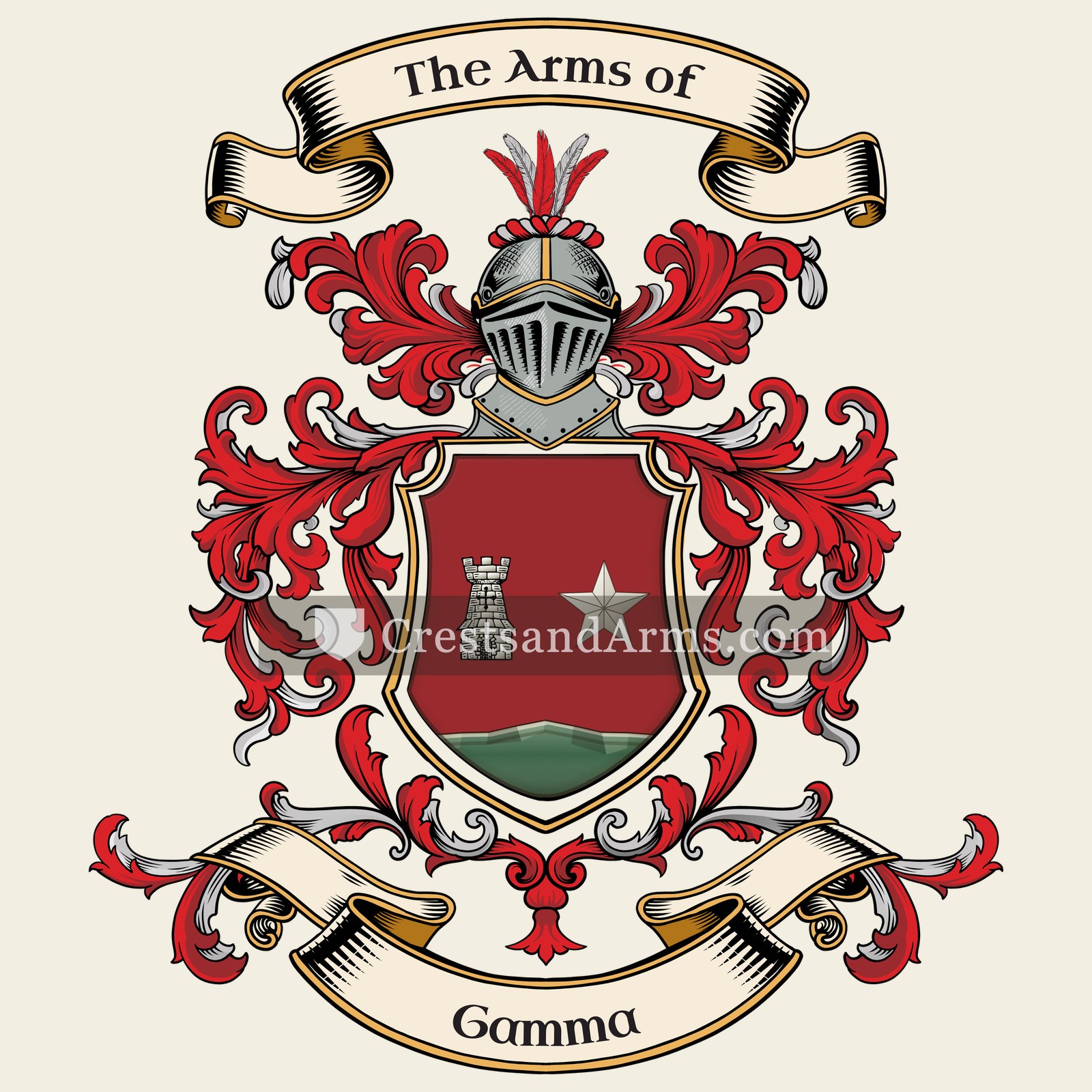 The Gamma coat of arms, drawn from the recorded blazon