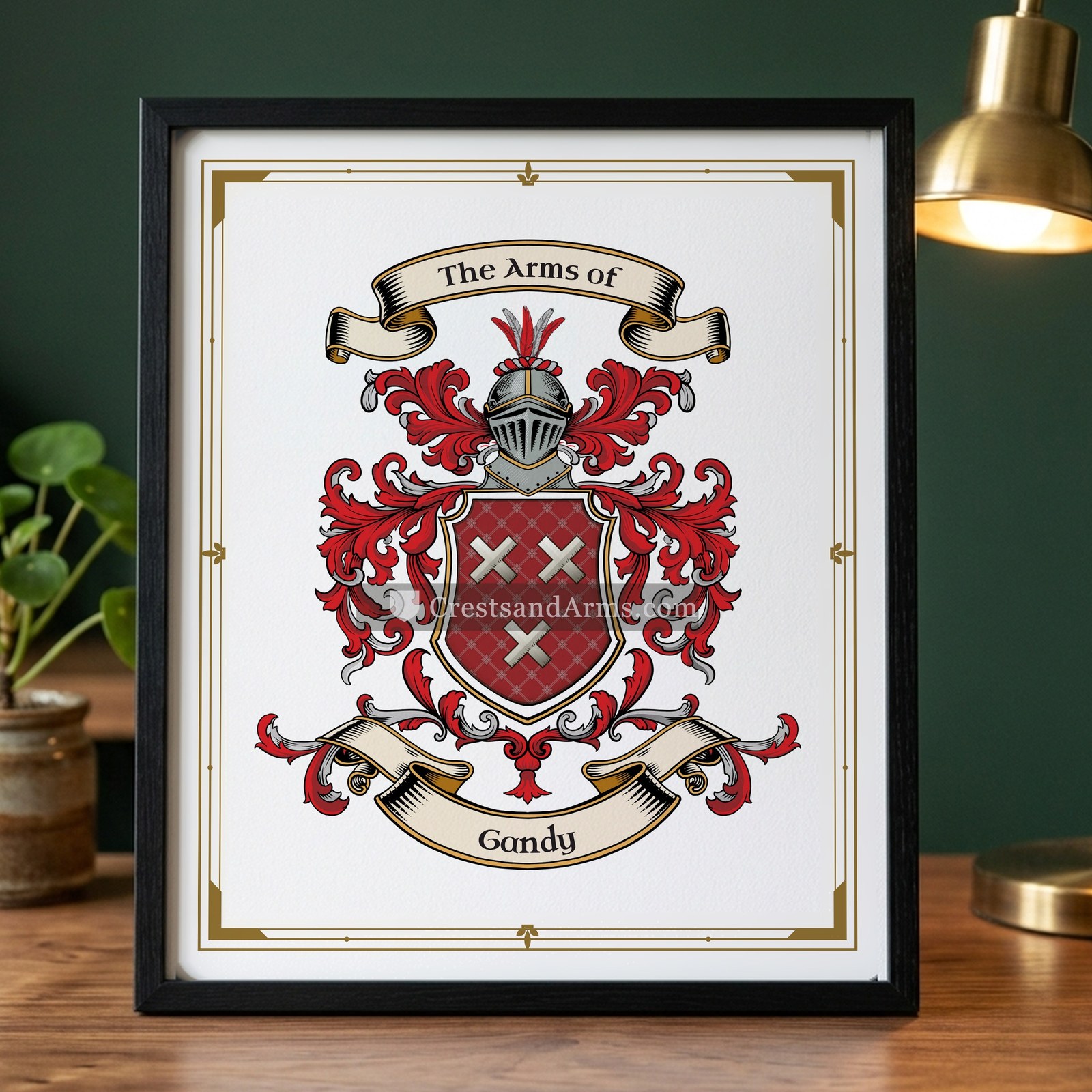 The Gandy arms on the framed, black wood