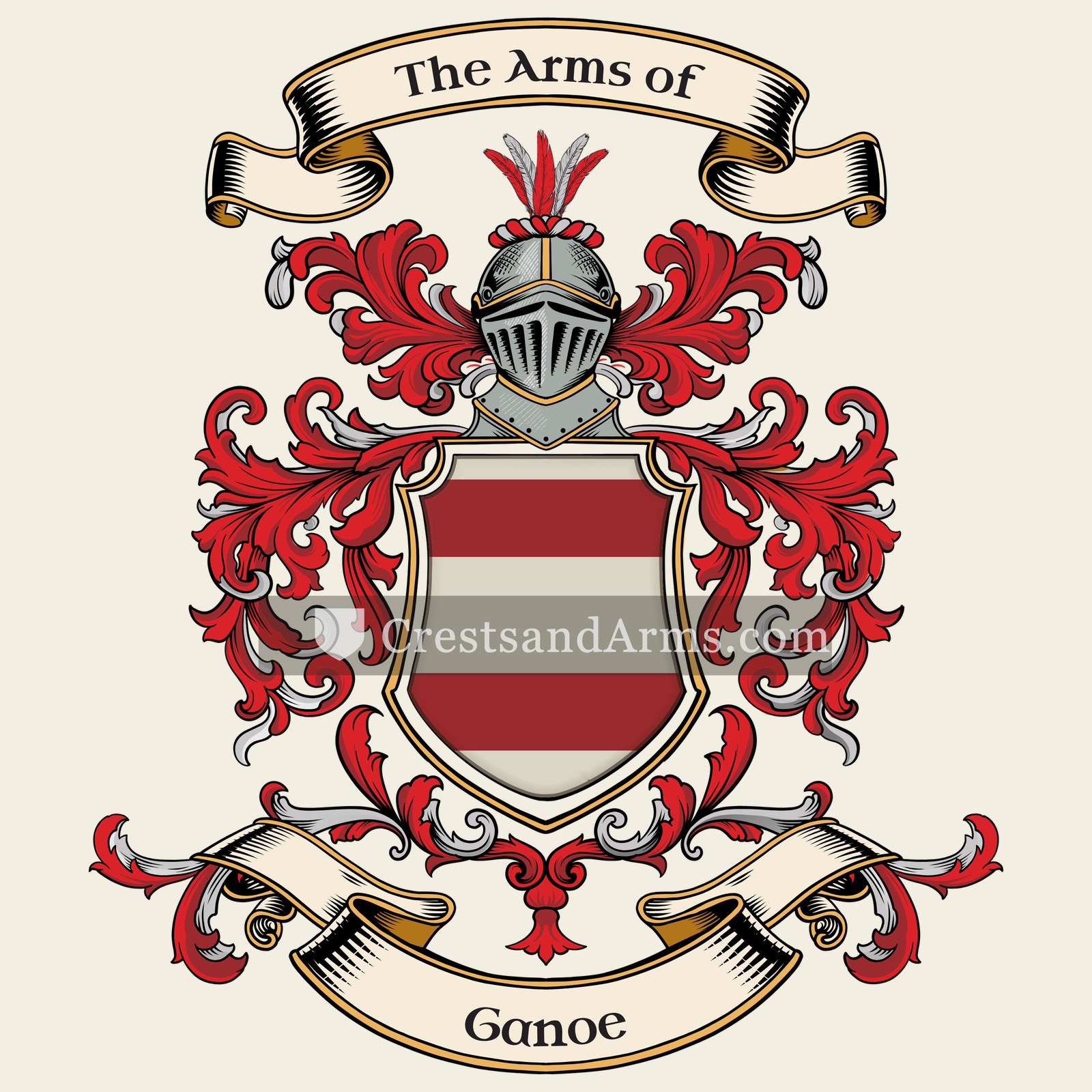 The Ganoe coat of arms, drawn from the recorded blazon