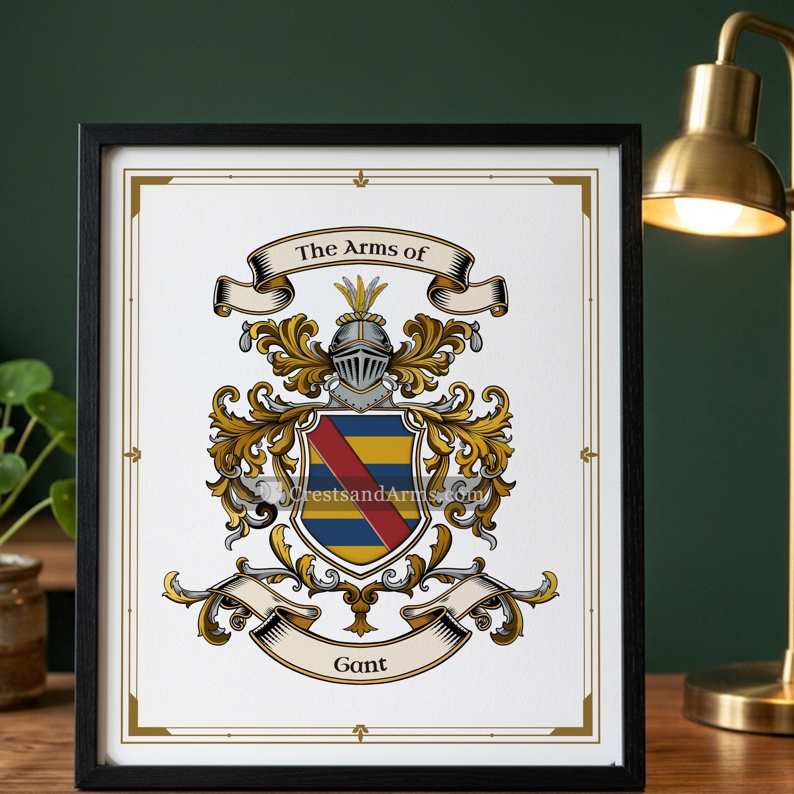 The Gant arms on the framed, black wood