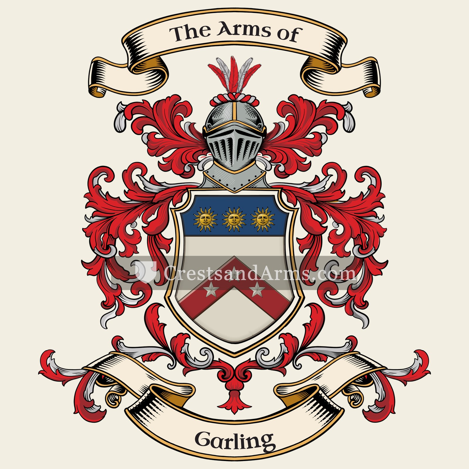 The Garling coat of arms, drawn from the recorded blazon