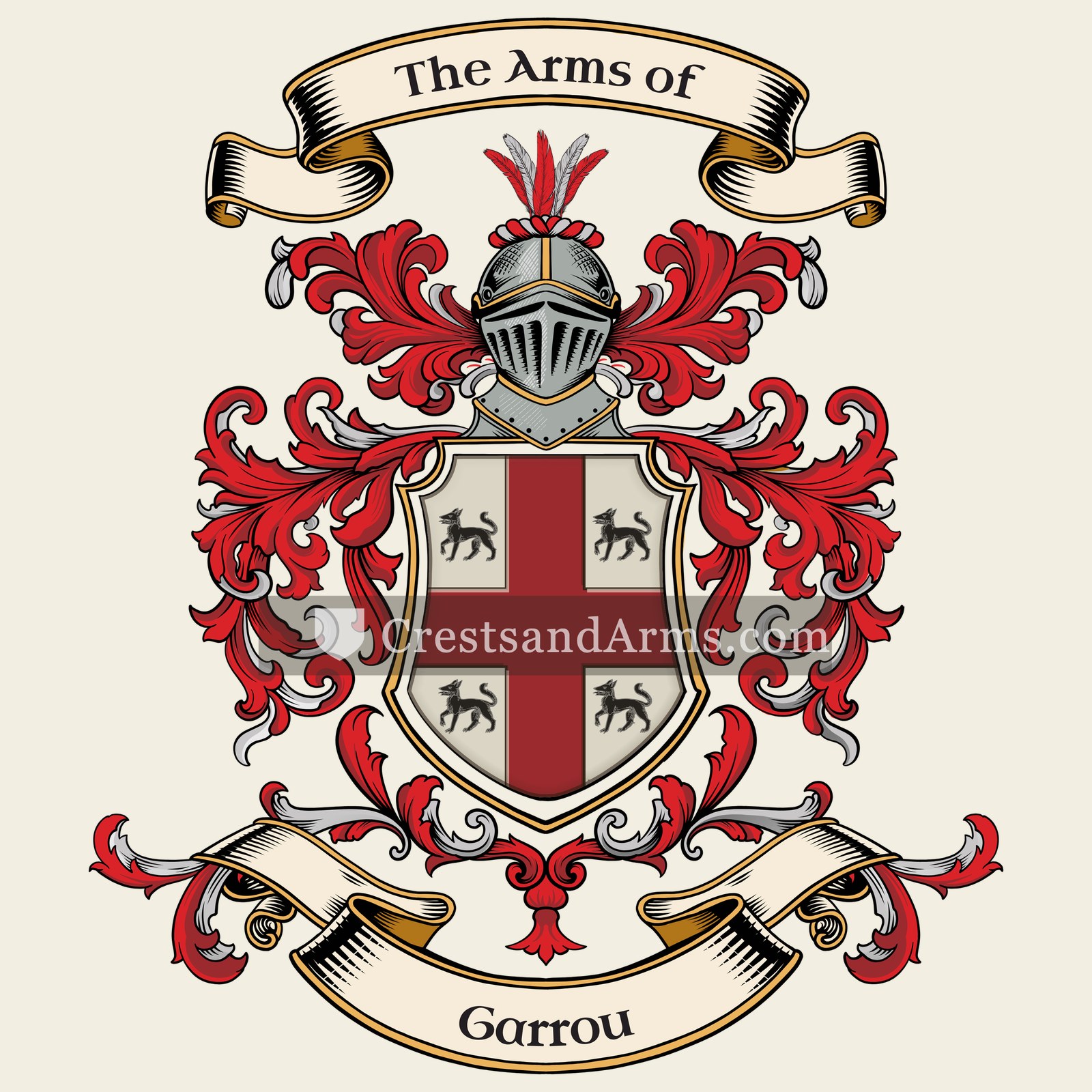 The Garrou coat of arms, drawn from the recorded blazon