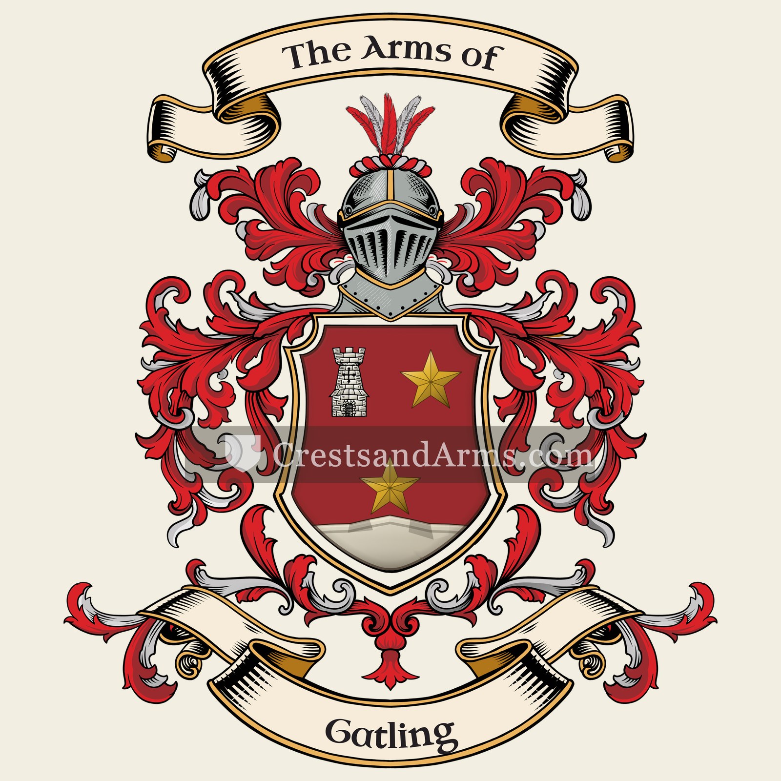 The Gatling coat of arms, drawn from the recorded blazon