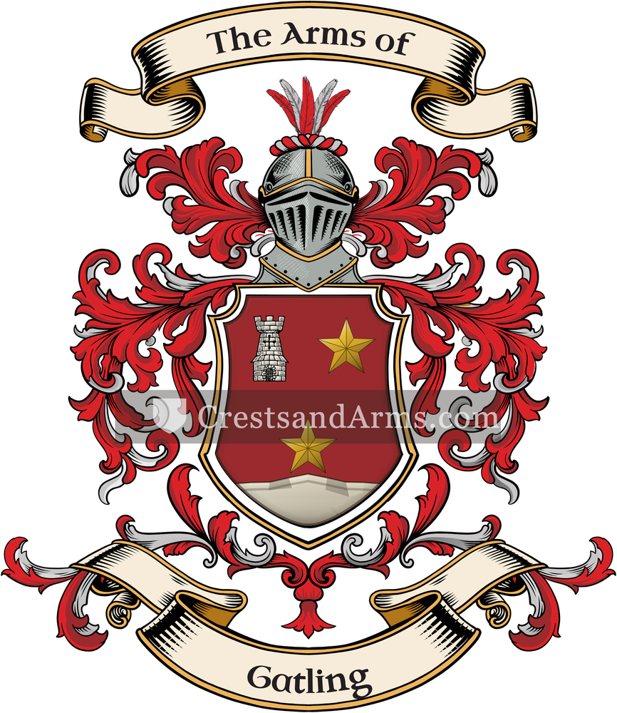 The Gatling coat of arms, drawn from the recorded blazon