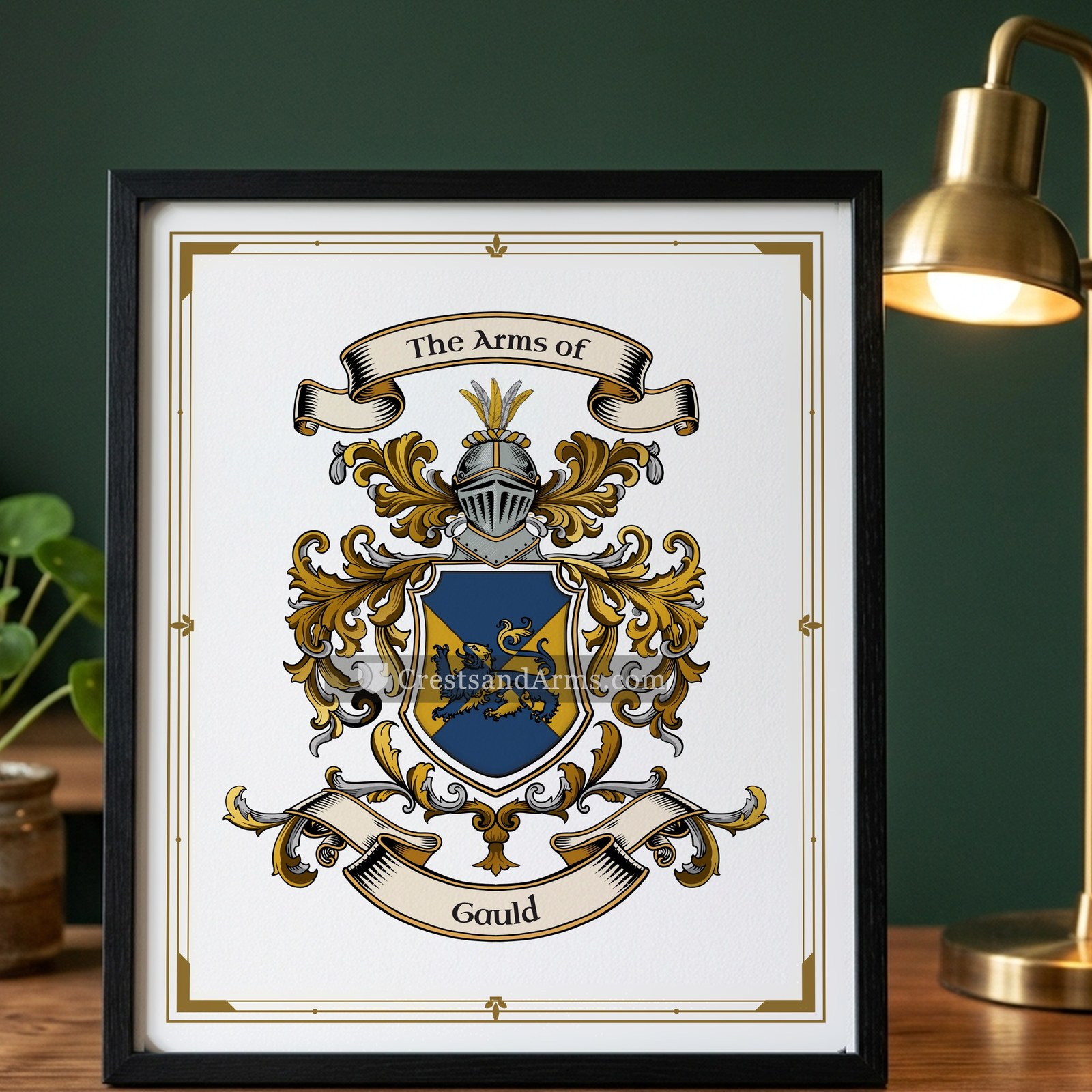 The Gauld arms on the framed, black wood