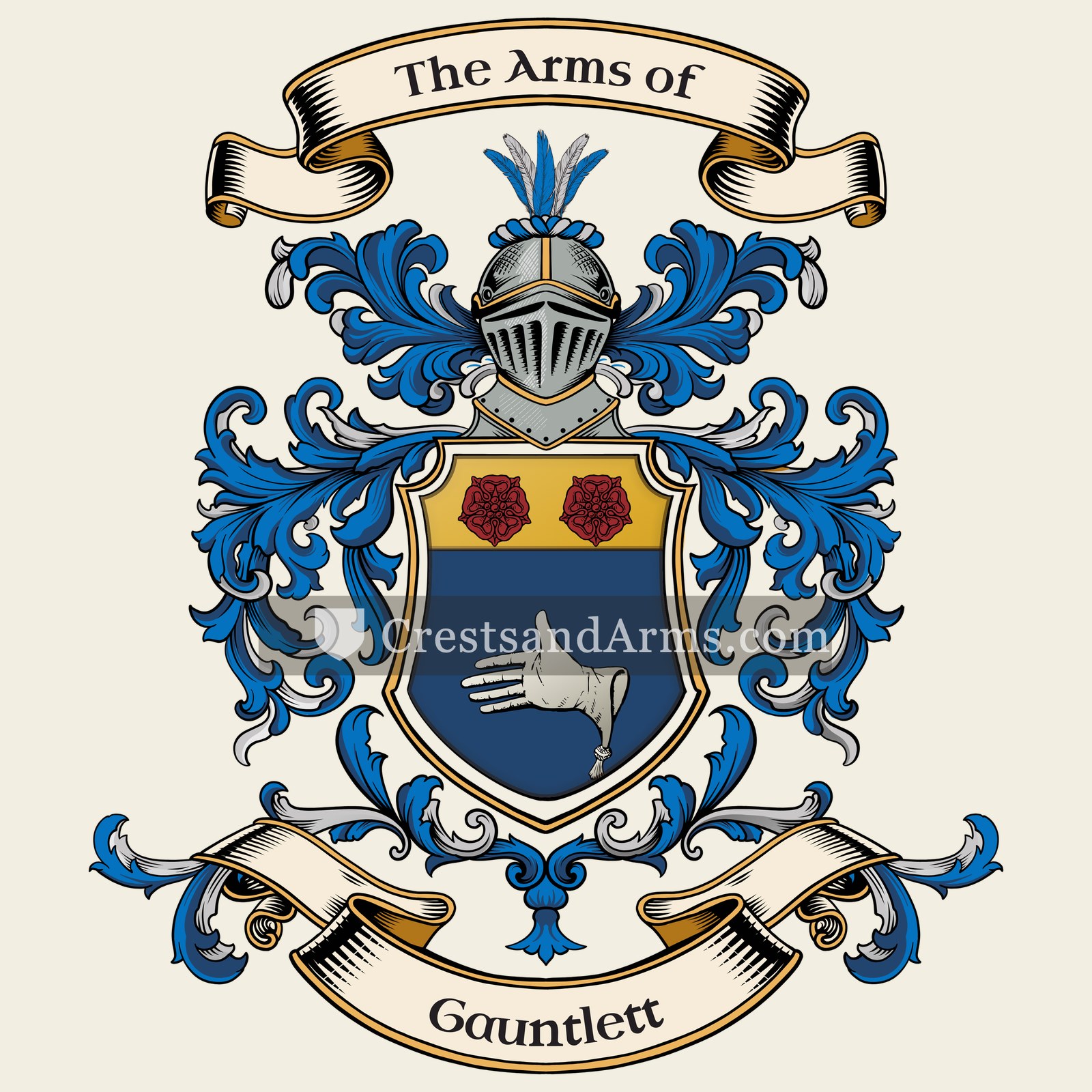 The Gauntlett coat of arms, drawn from the recorded blazon