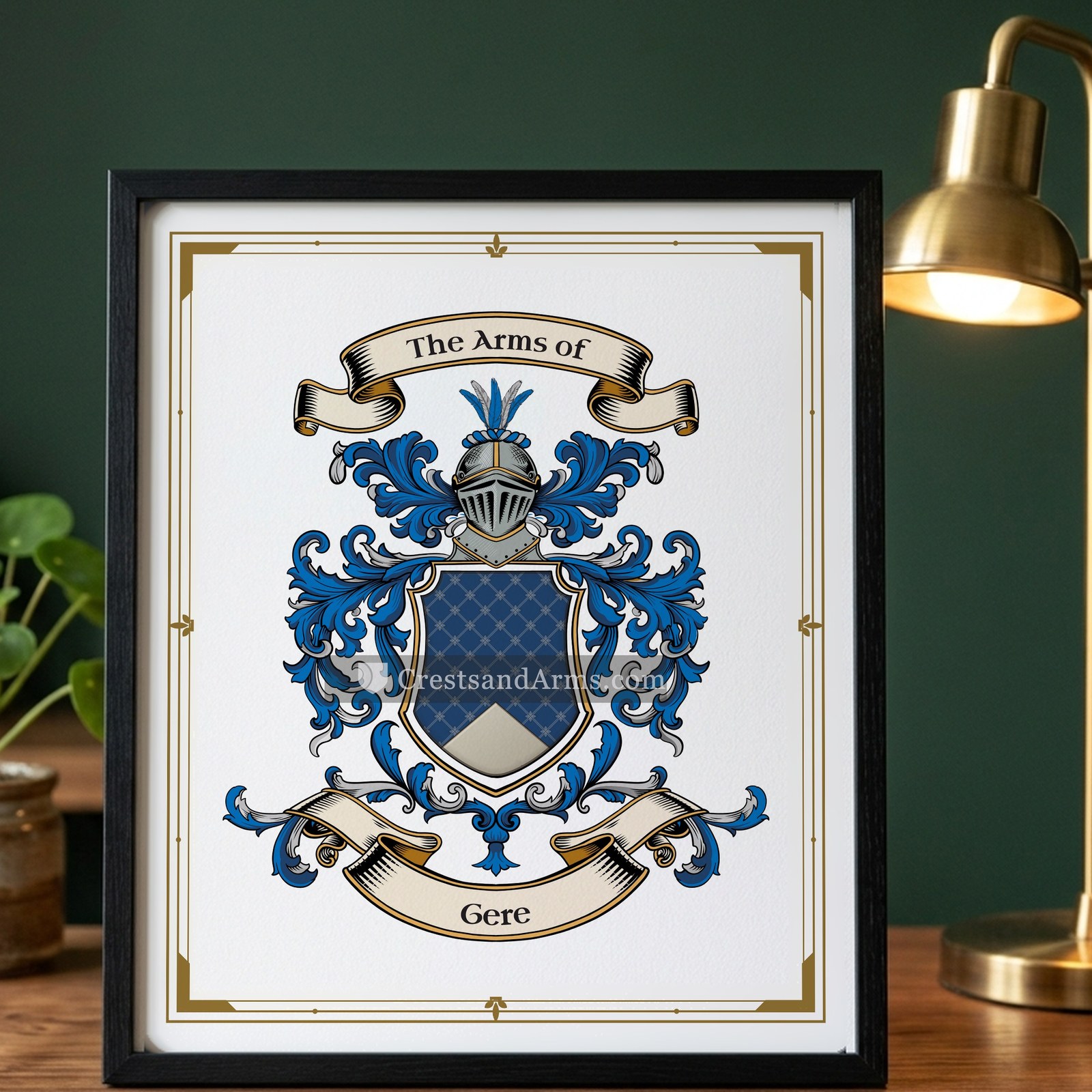 The Gere arms on the framed, black wood
