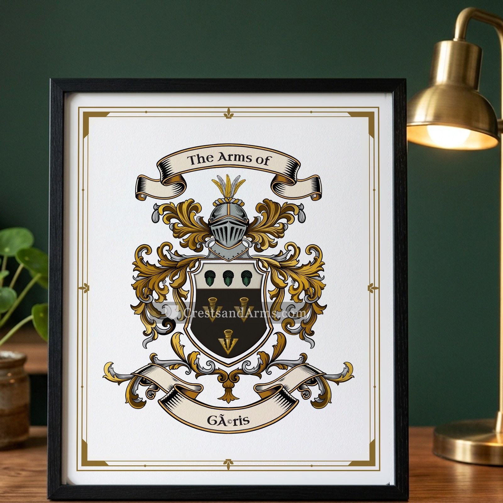 The Géris arms on the framed, black wood