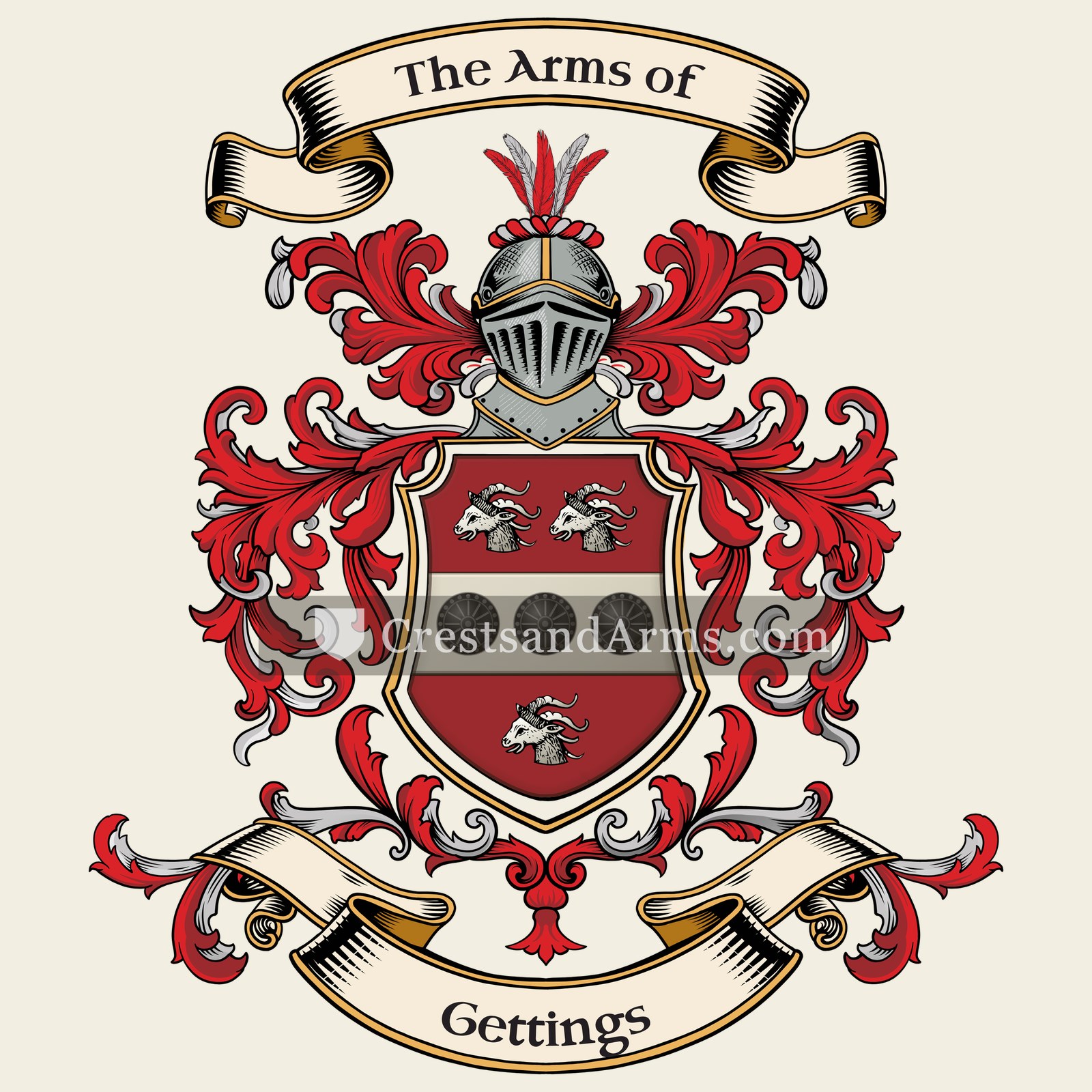 The Gettings coat of arms, drawn from the recorded blazon