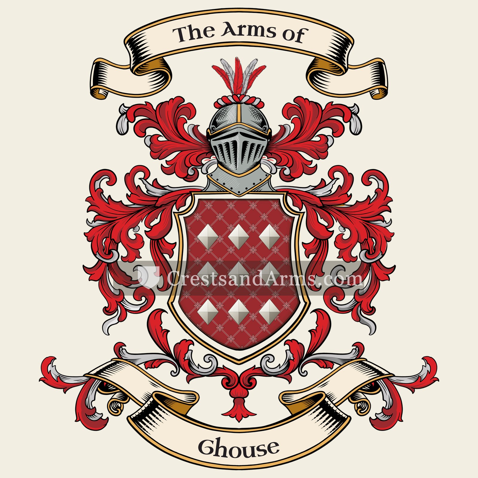 The Ghouse coat of arms, drawn from the recorded blazon