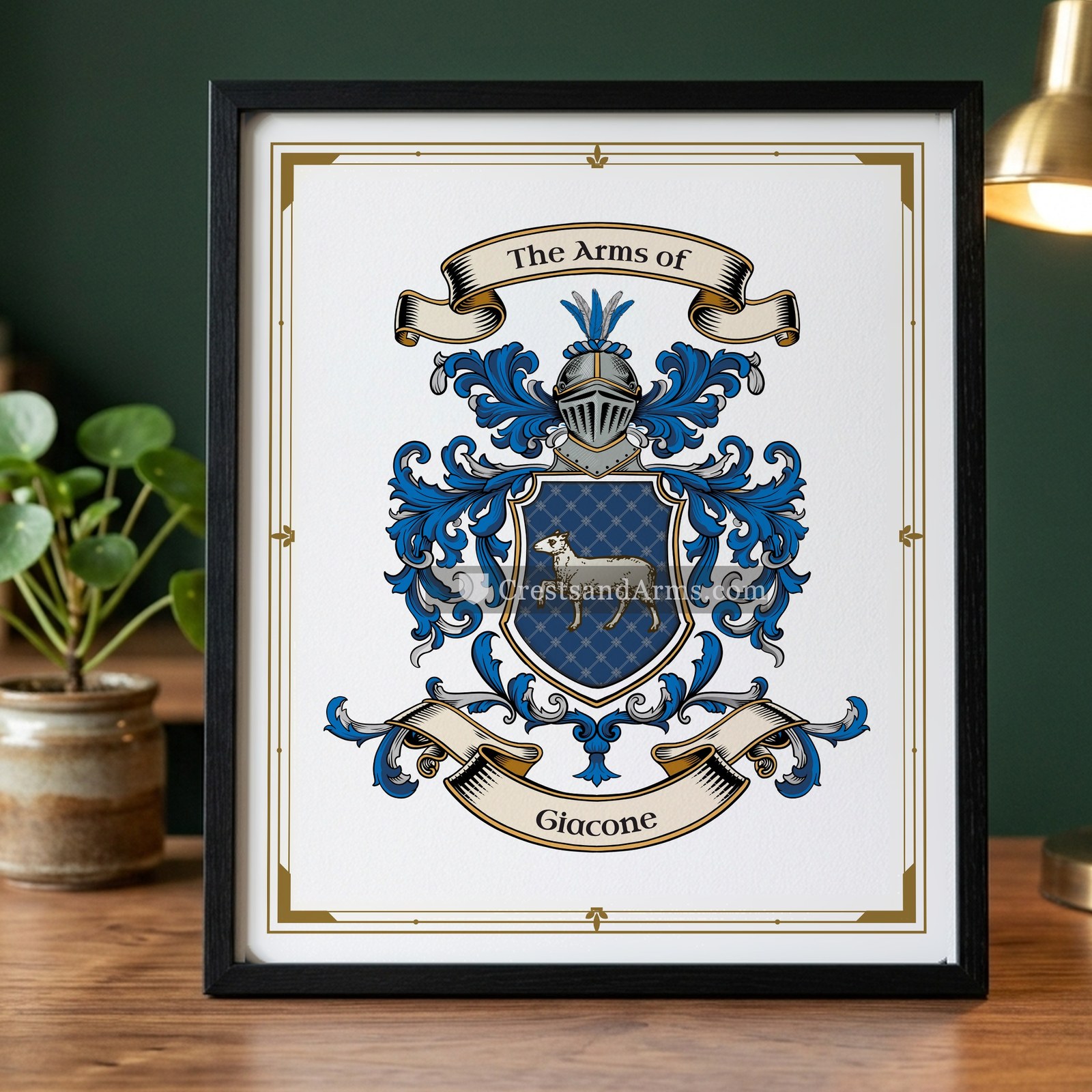 The Giacone arms on the framed, black wood