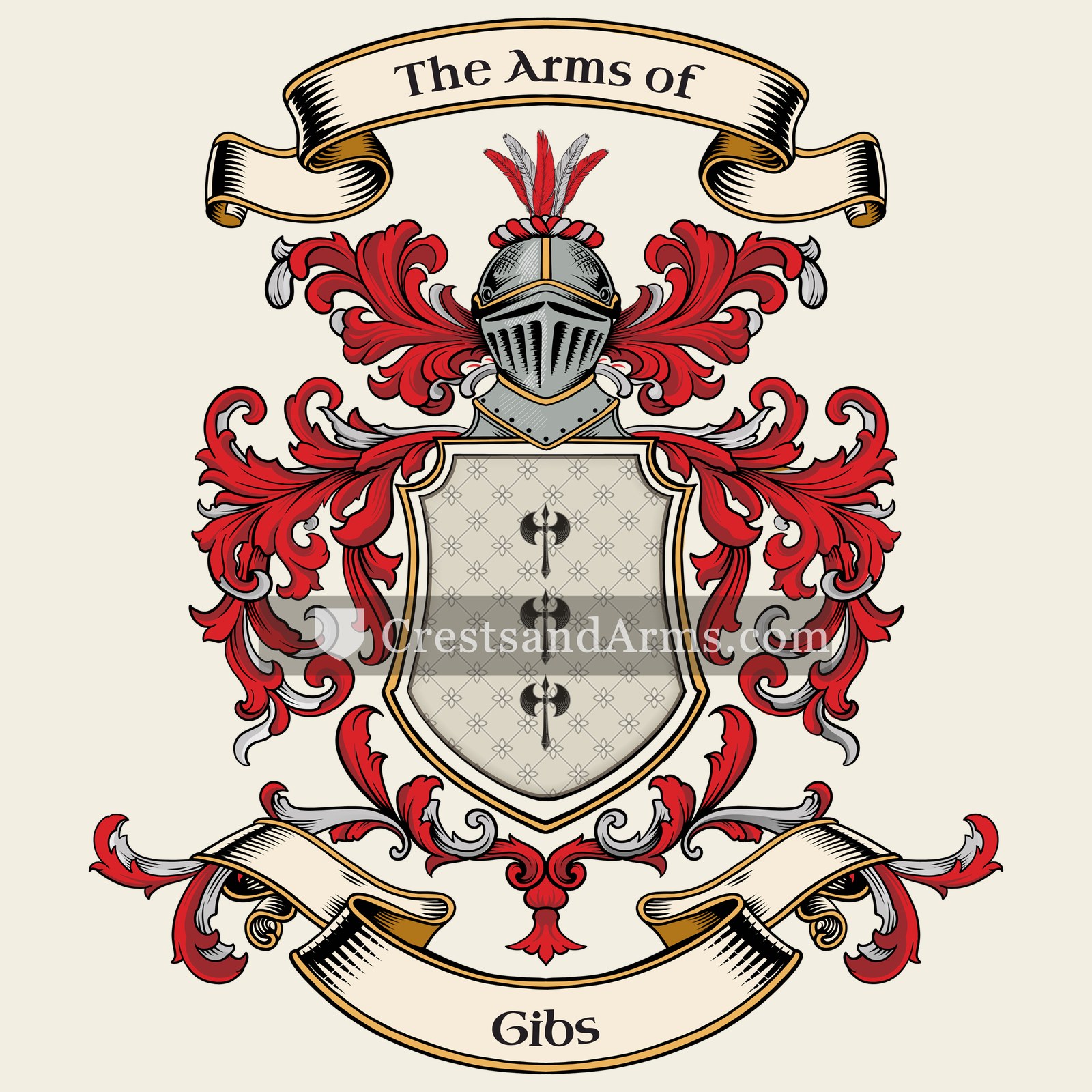 The Gibs coat of arms, drawn from the recorded blazon