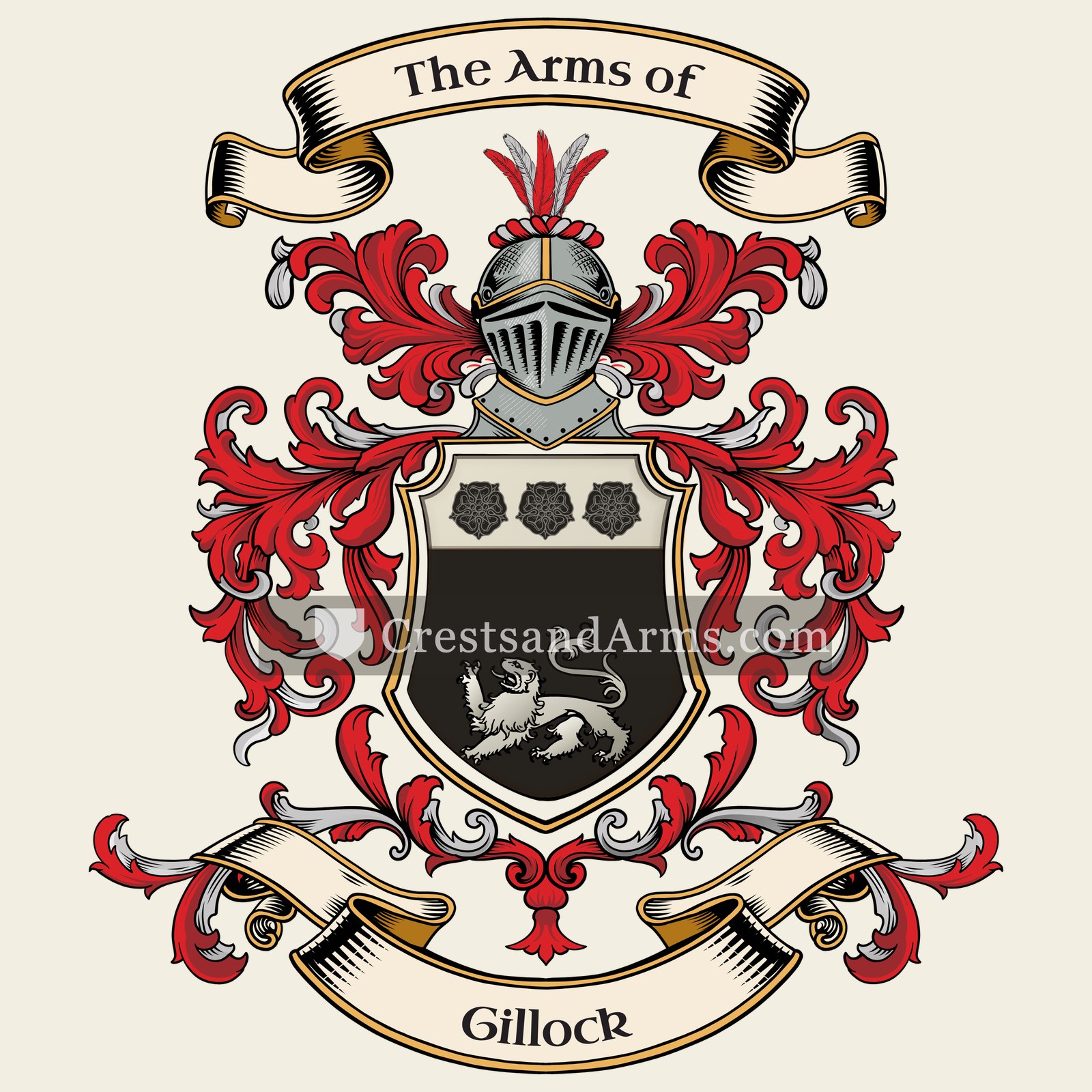 The Gillock coat of arms, drawn from the recorded blazon