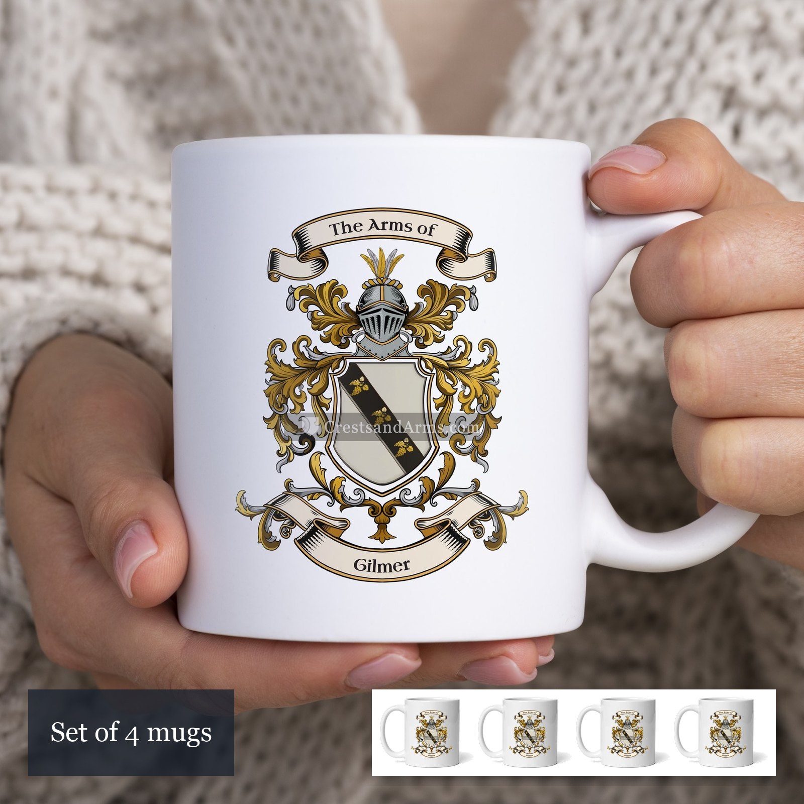 The Gilmer arms on the set of 4 mugs