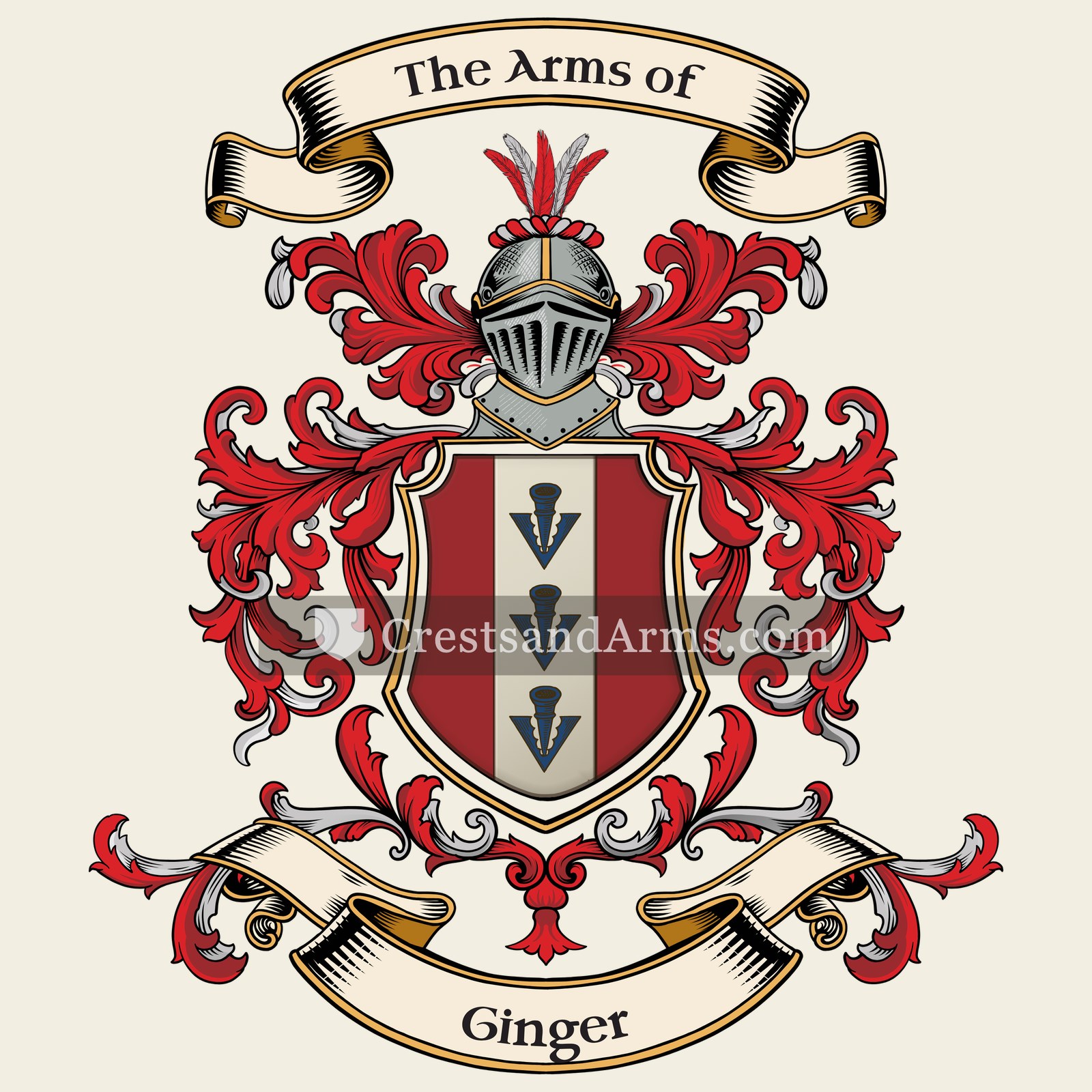 The Ginger coat of arms, drawn from the recorded blazon