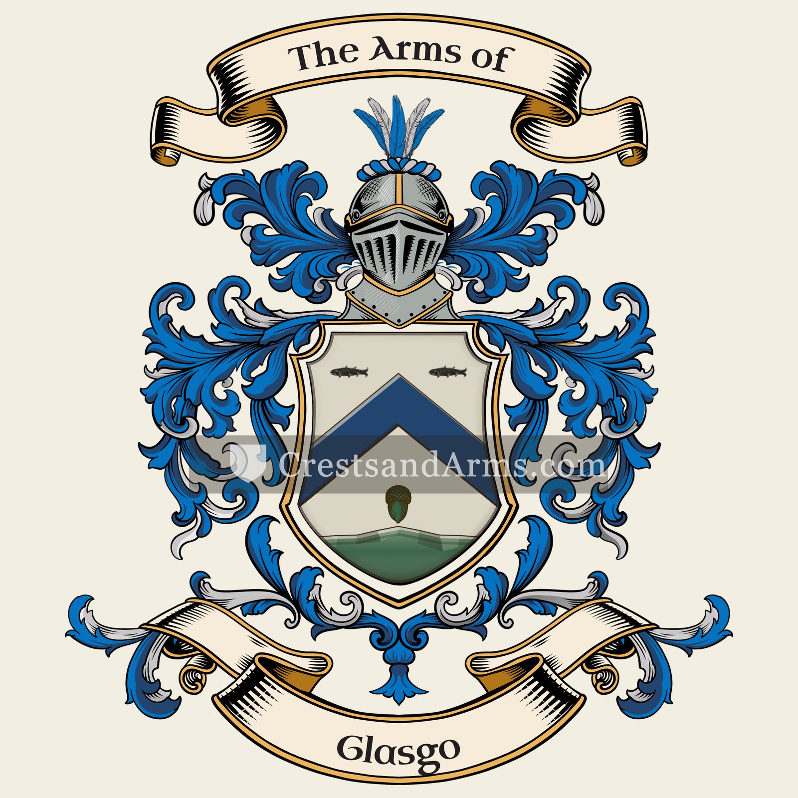 The Glasgo coat of arms, drawn from the recorded blazon