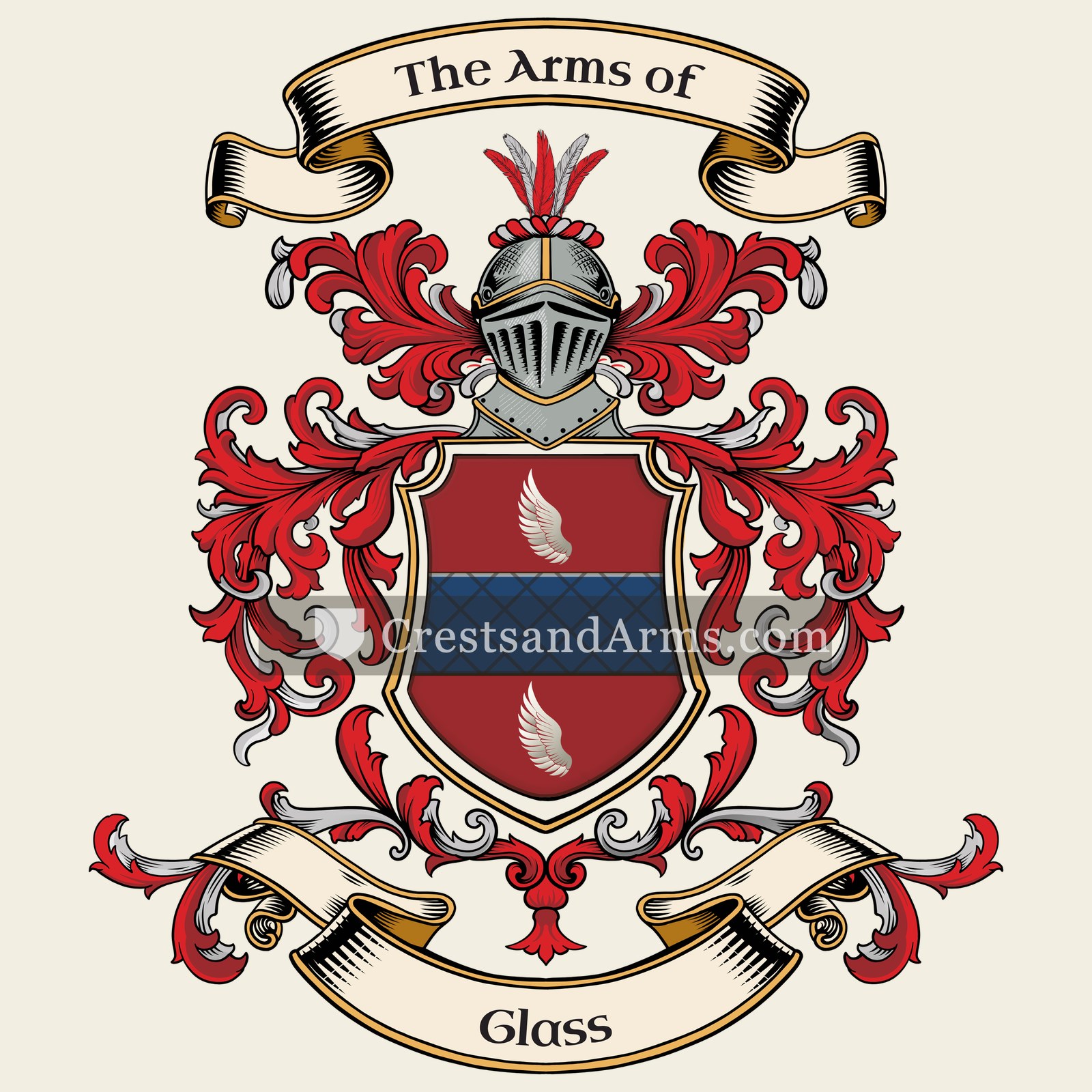The Glass coat of arms, drawn from the recorded blazon