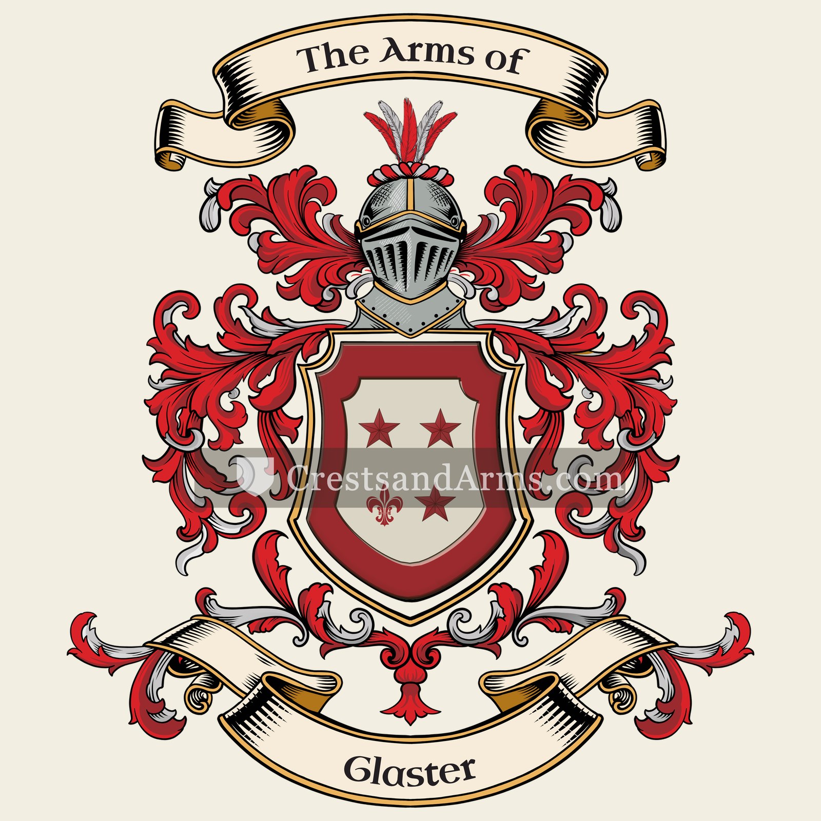The Glaster coat of arms, drawn from the recorded blazon