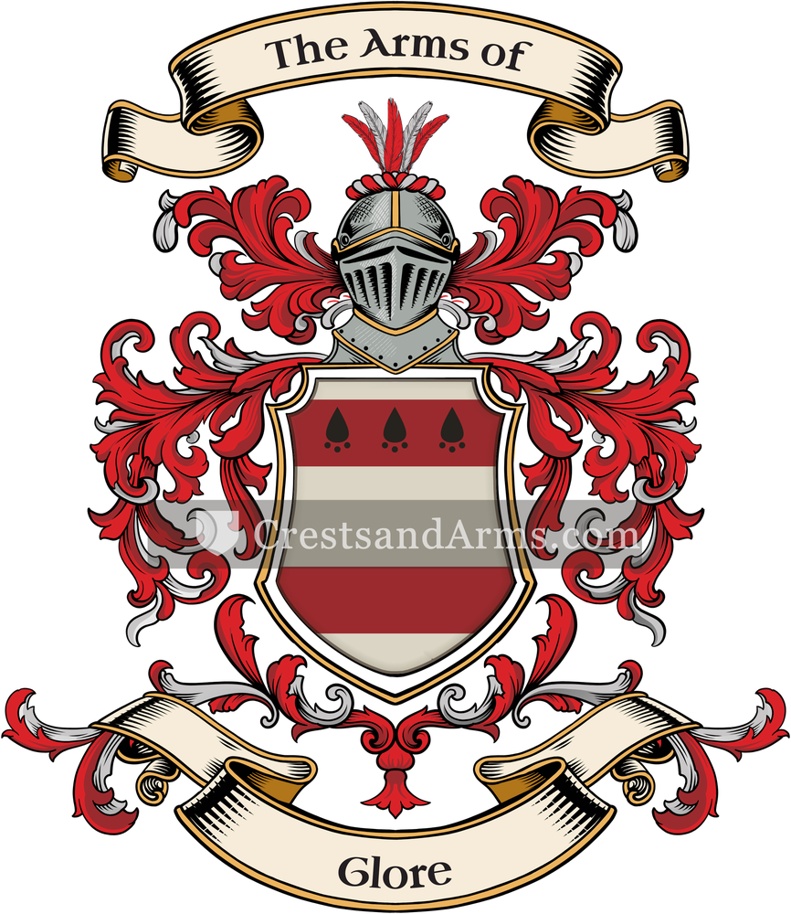 The Glore coat of arms, drawn from the recorded blazon