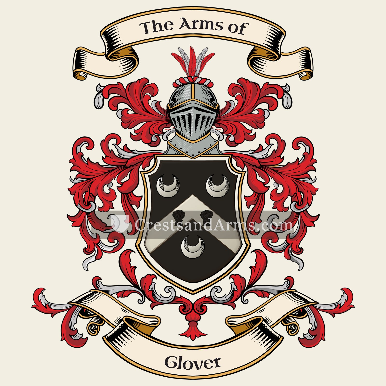 The Glover coat of arms, drawn from the recorded blazon