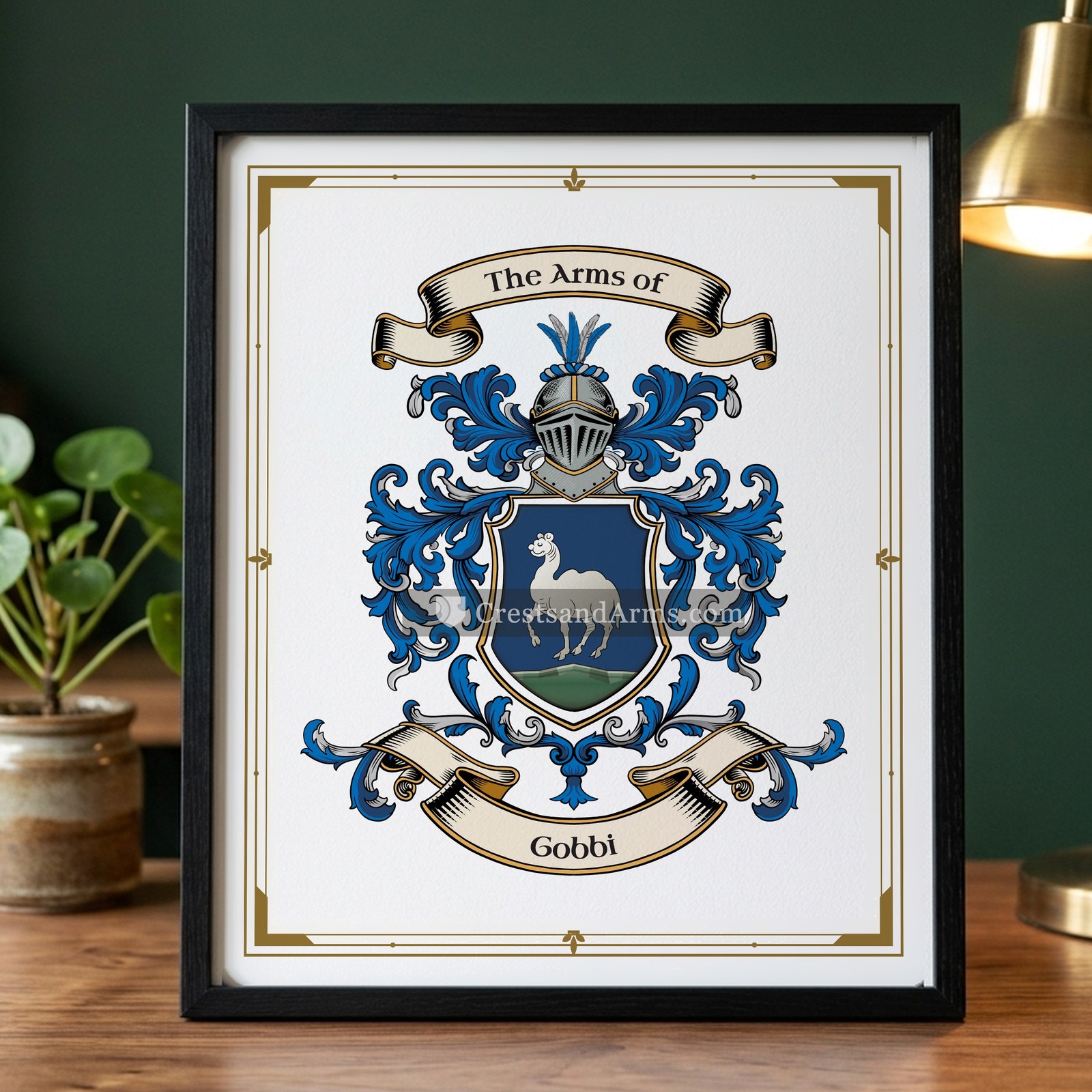 The Gobbi arms on the framed, black wood