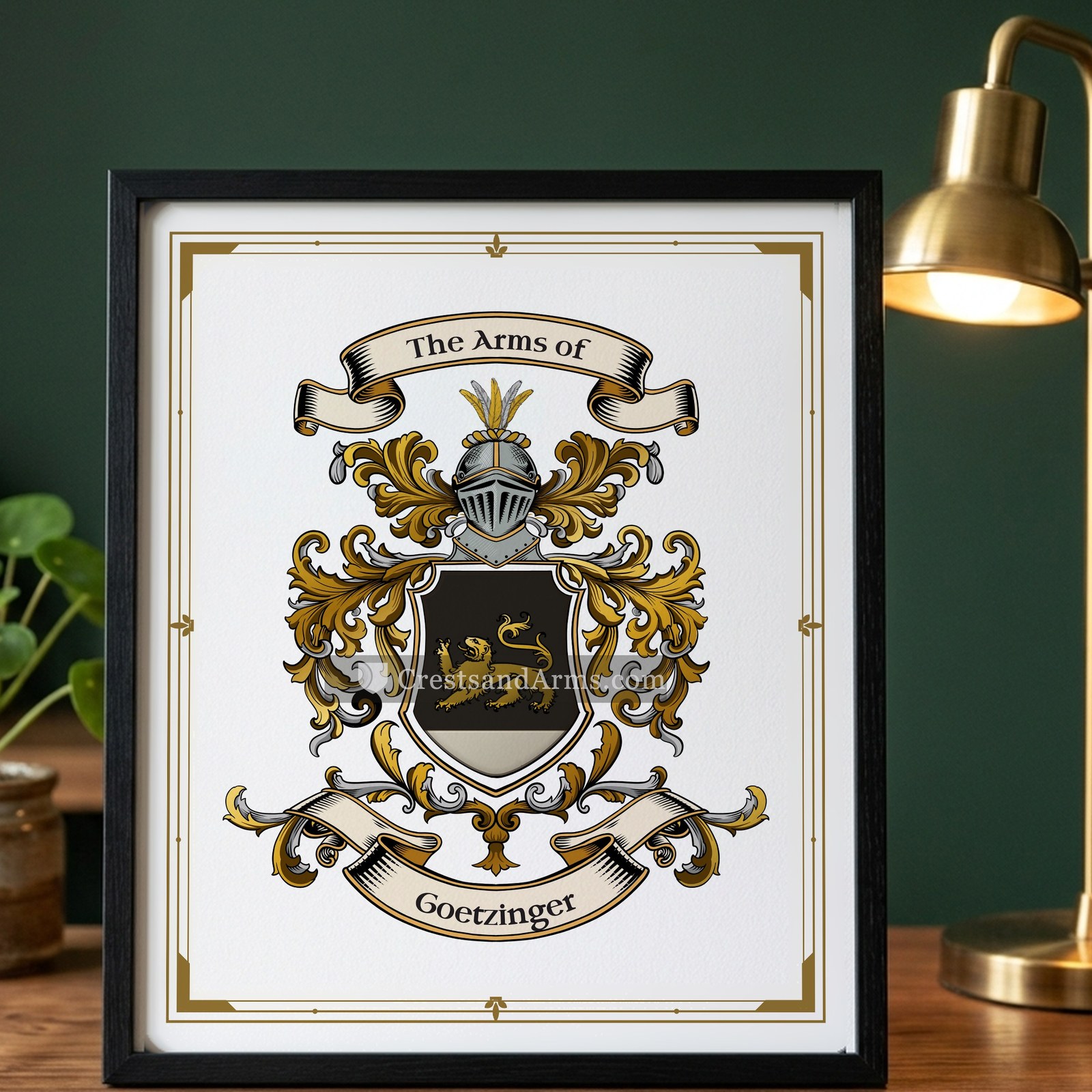 The Goetzinger arms on the framed, black wood