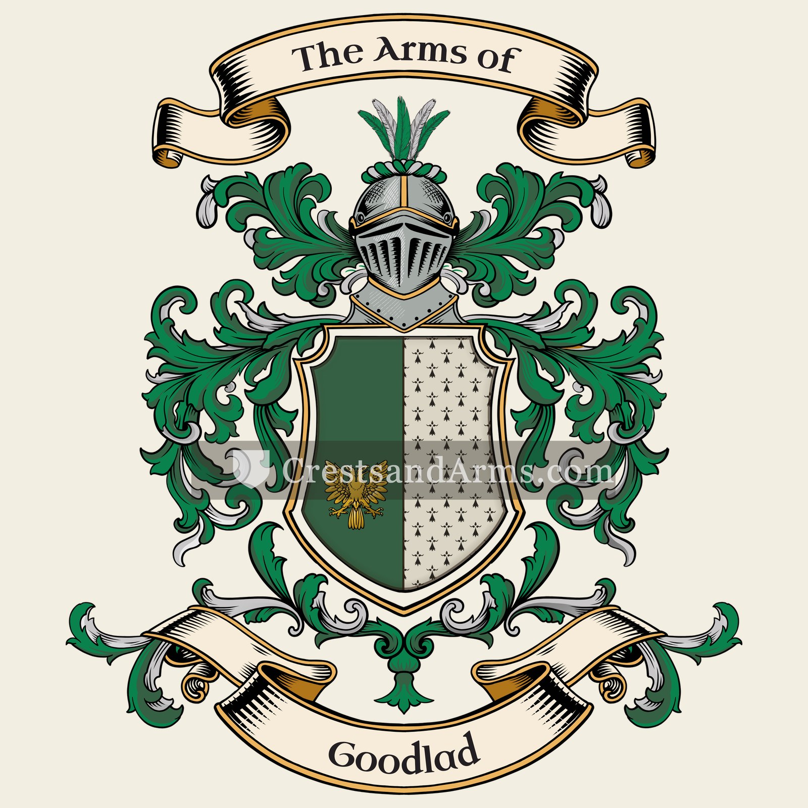 The Goodlad coat of arms, drawn from the recorded blazon
