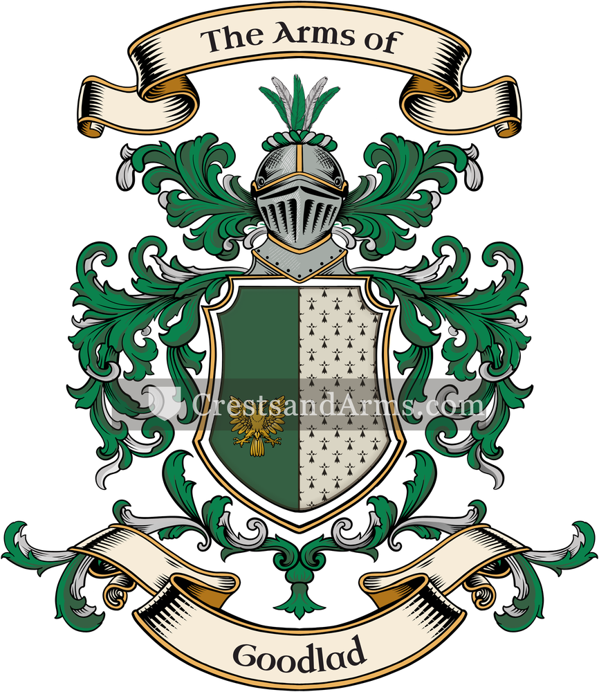 The Goodlad coat of arms, drawn from the recorded blazon