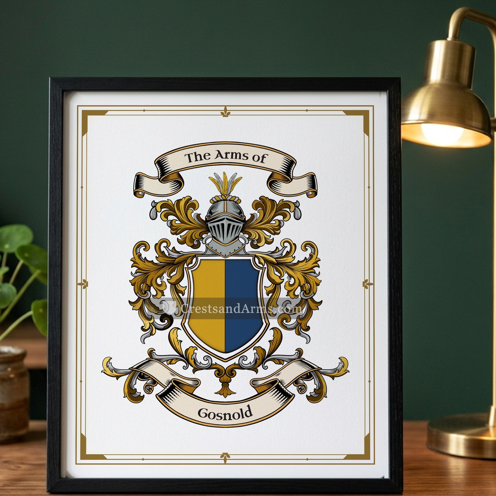 The Gosnold arms on the framed, black wood