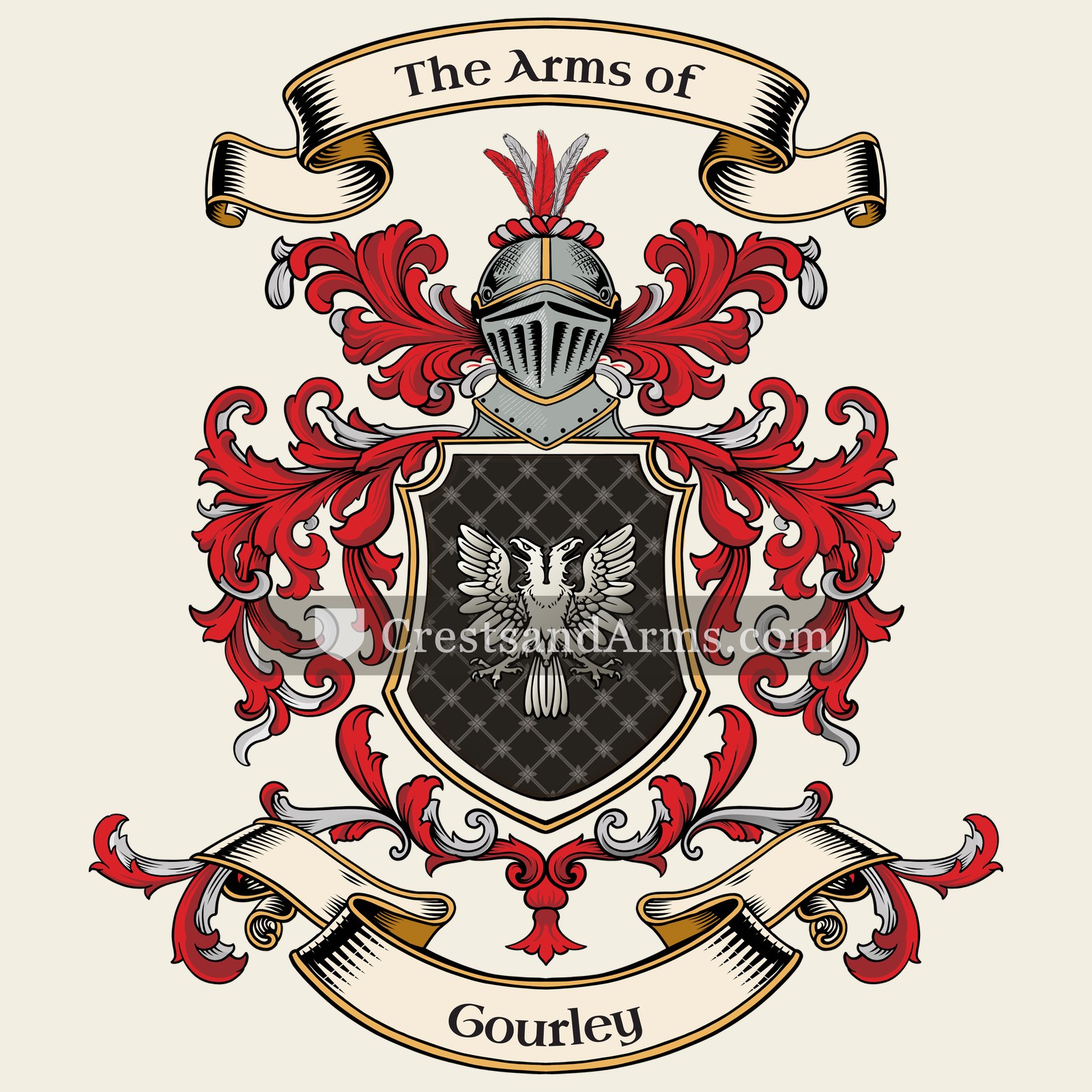 The Gourley coat of arms, drawn from the recorded blazon