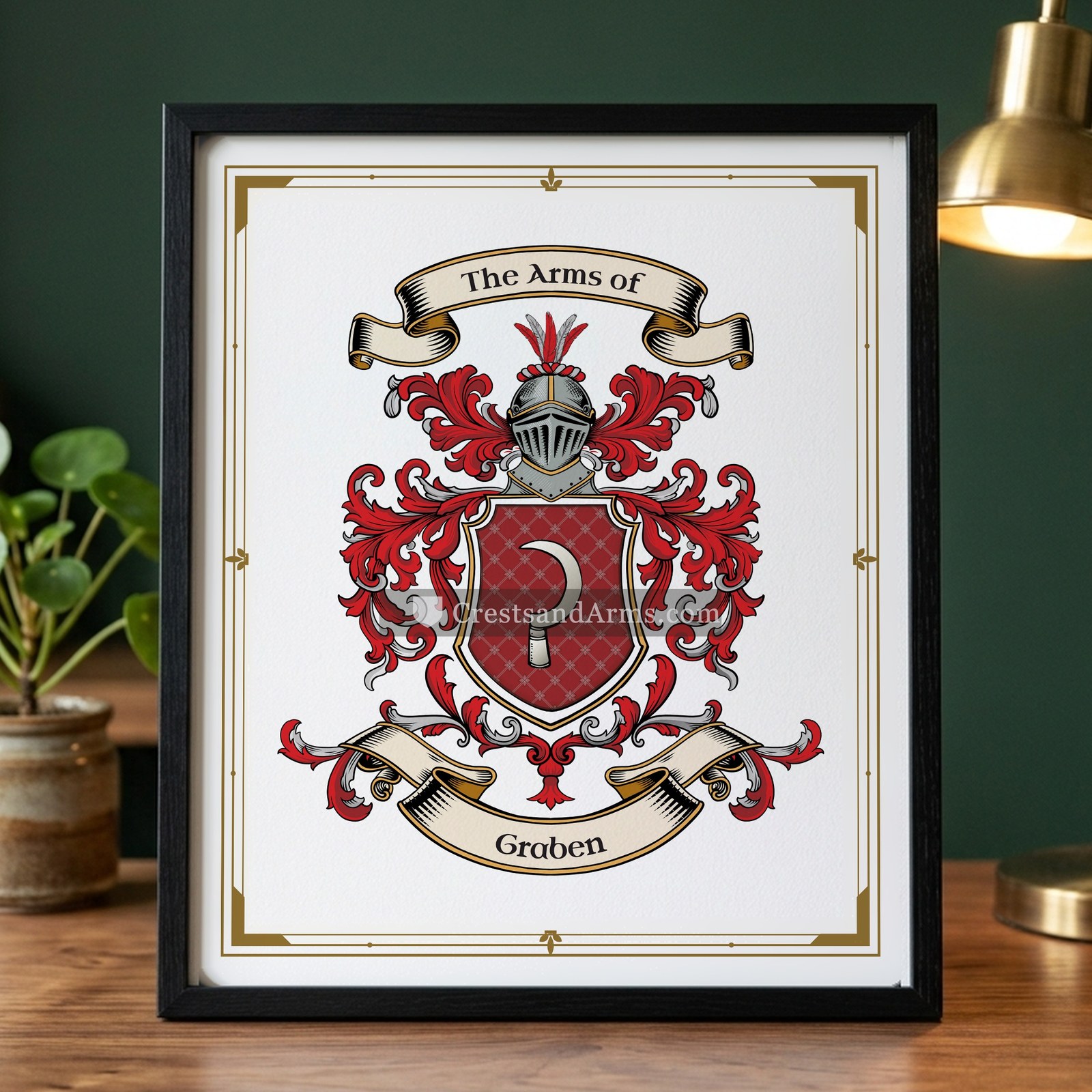 The Graben arms on the framed, black wood