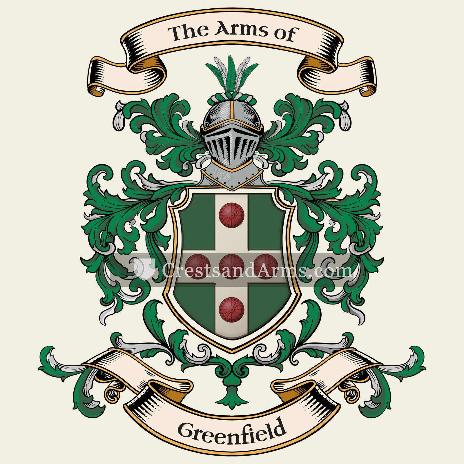 The Greenfield coat of arms, drawn from the recorded blazon