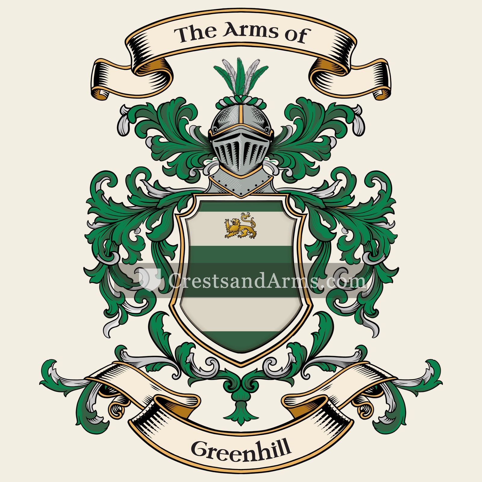 The Greenhill coat of arms, drawn from the recorded blazon