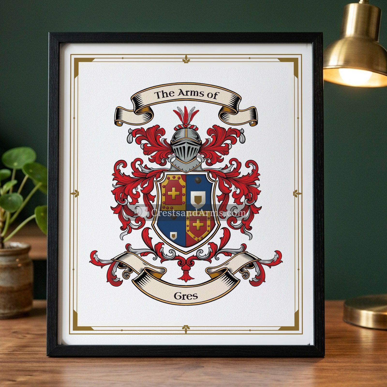 The Gres arms on the framed, black wood