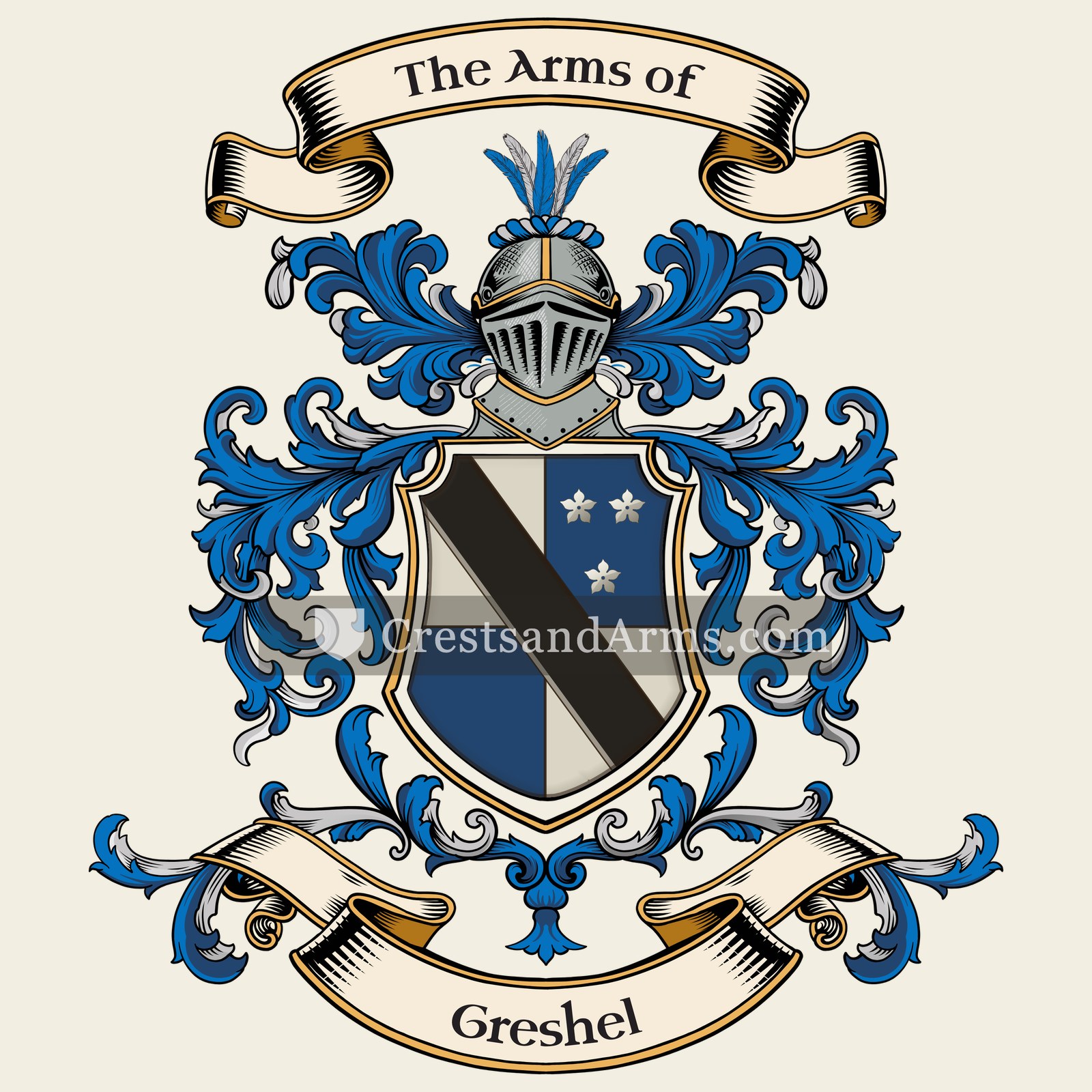 The Greshel coat of arms, drawn from the recorded blazon