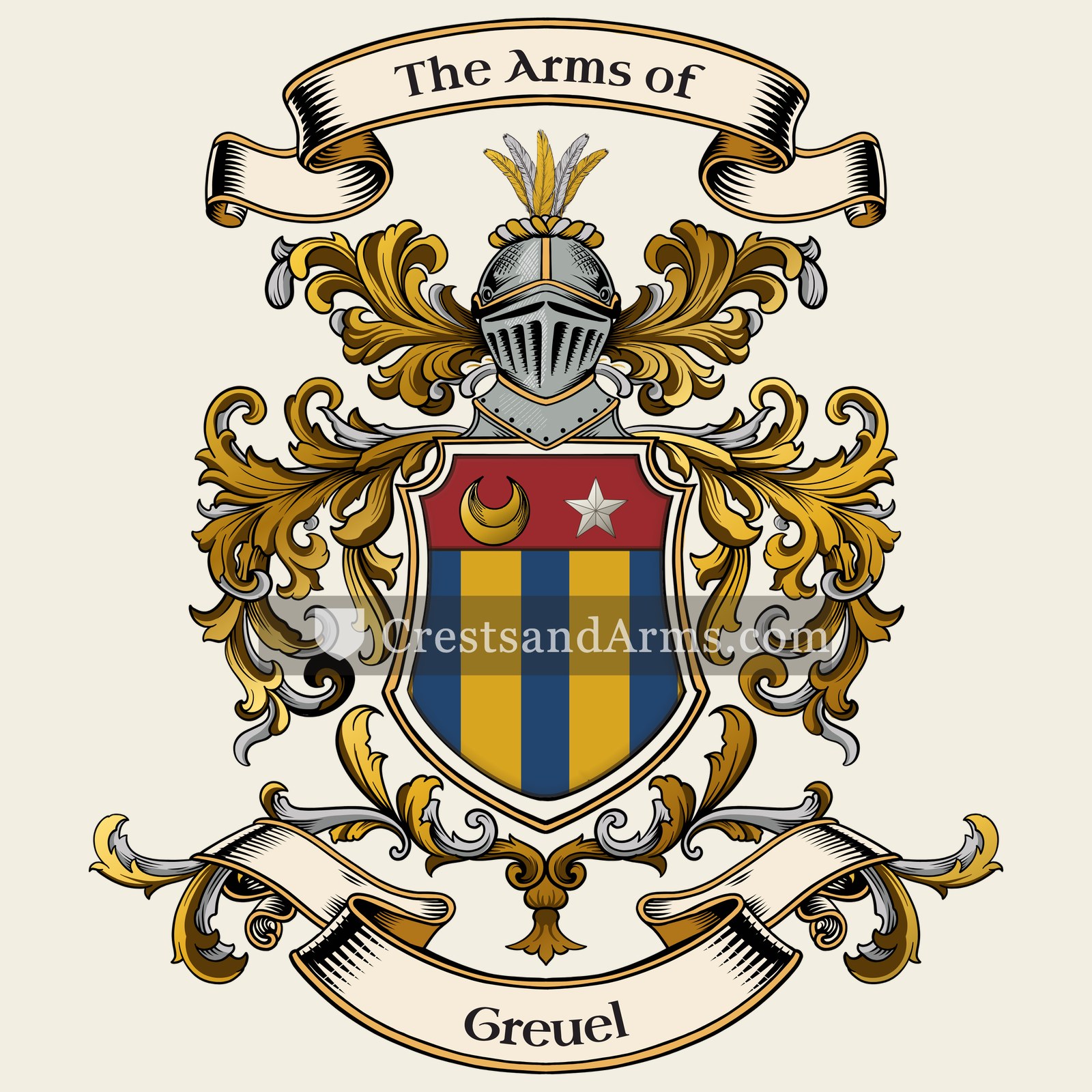The Greuel coat of arms, drawn from the recorded blazon