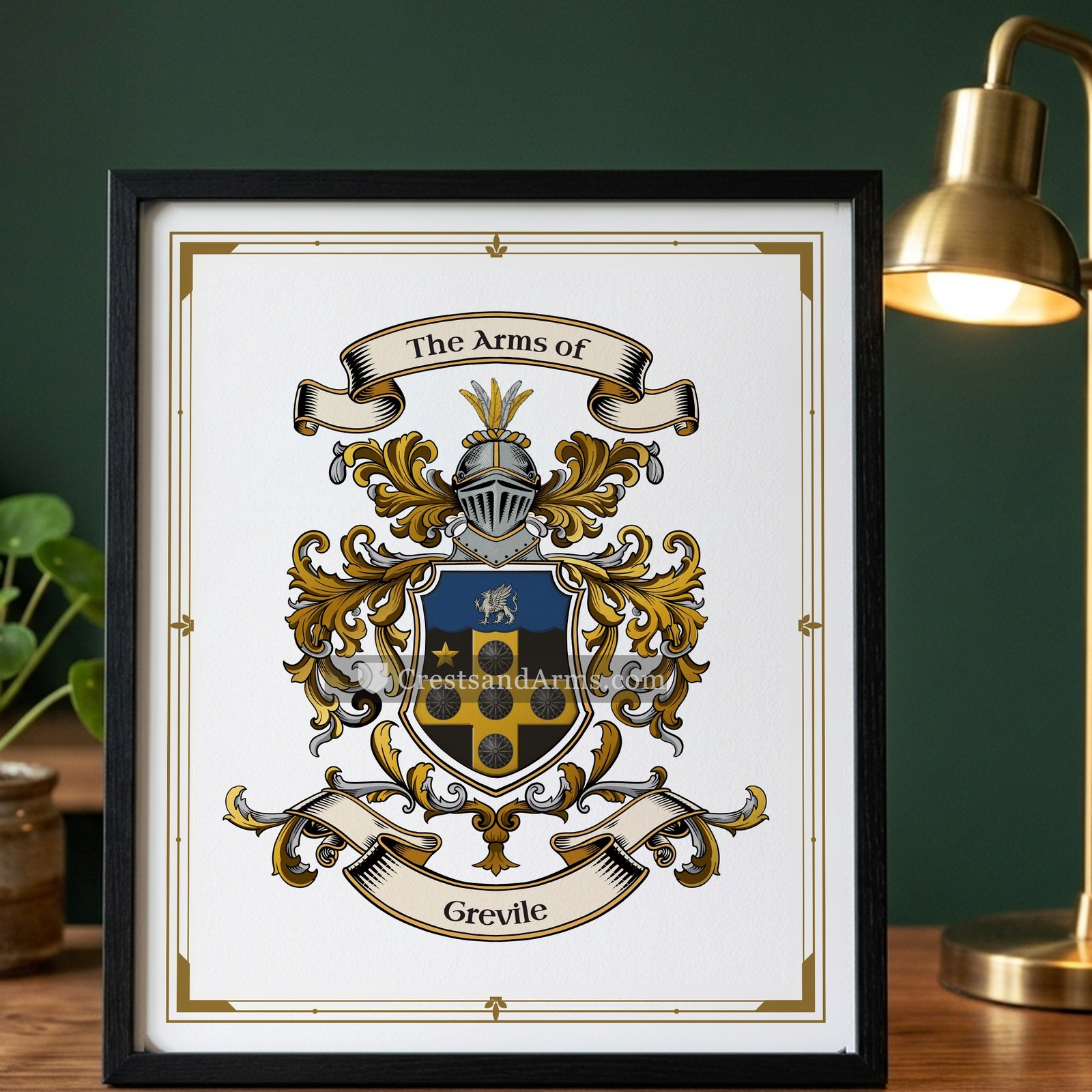The Grevile arms on the framed, black wood