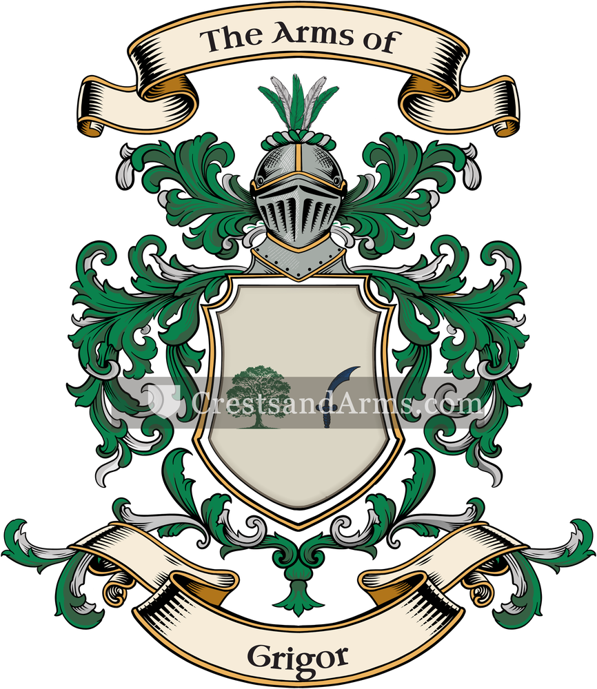 The Grigor coat of arms, drawn from the recorded blazon