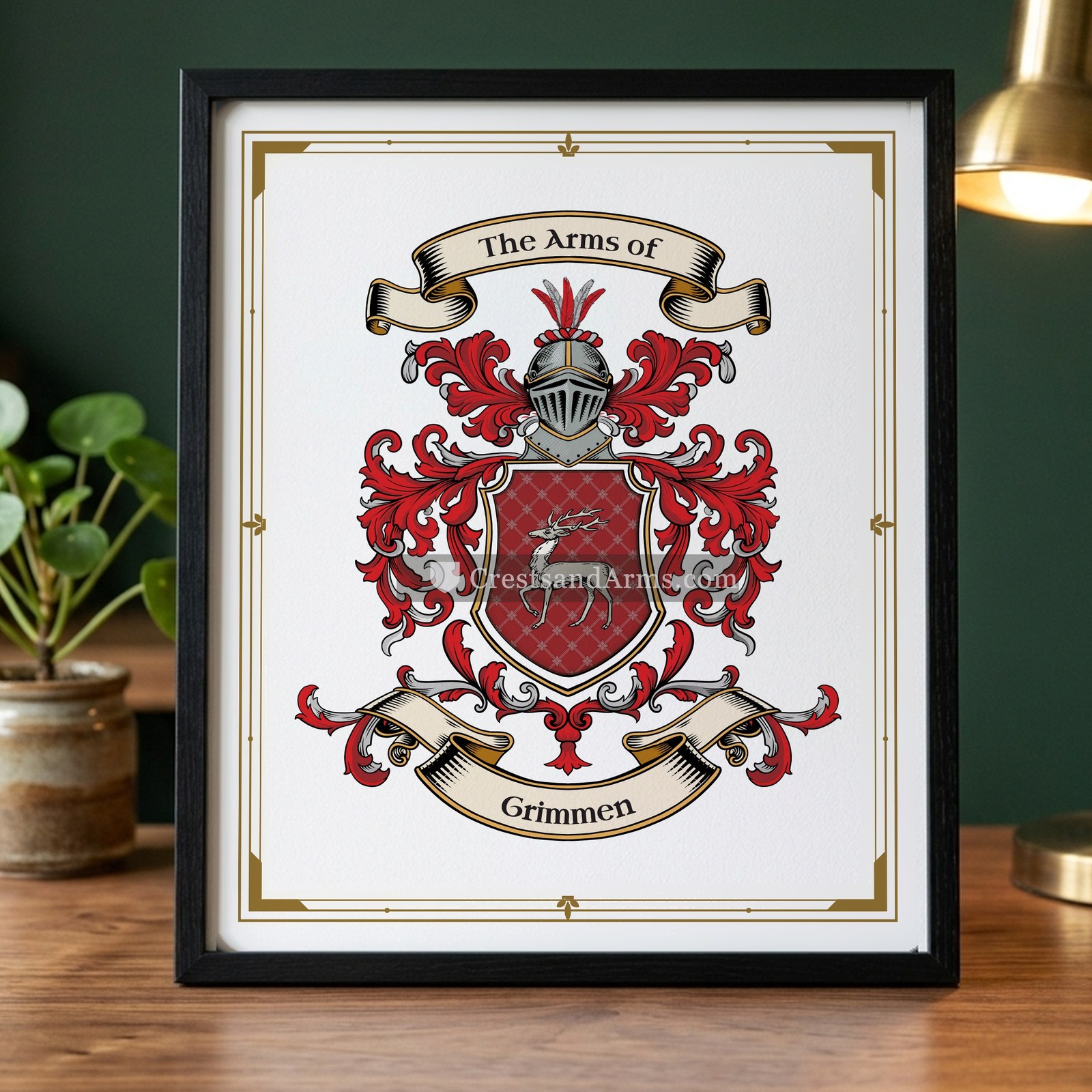 The Grimmen arms on the framed, black wood